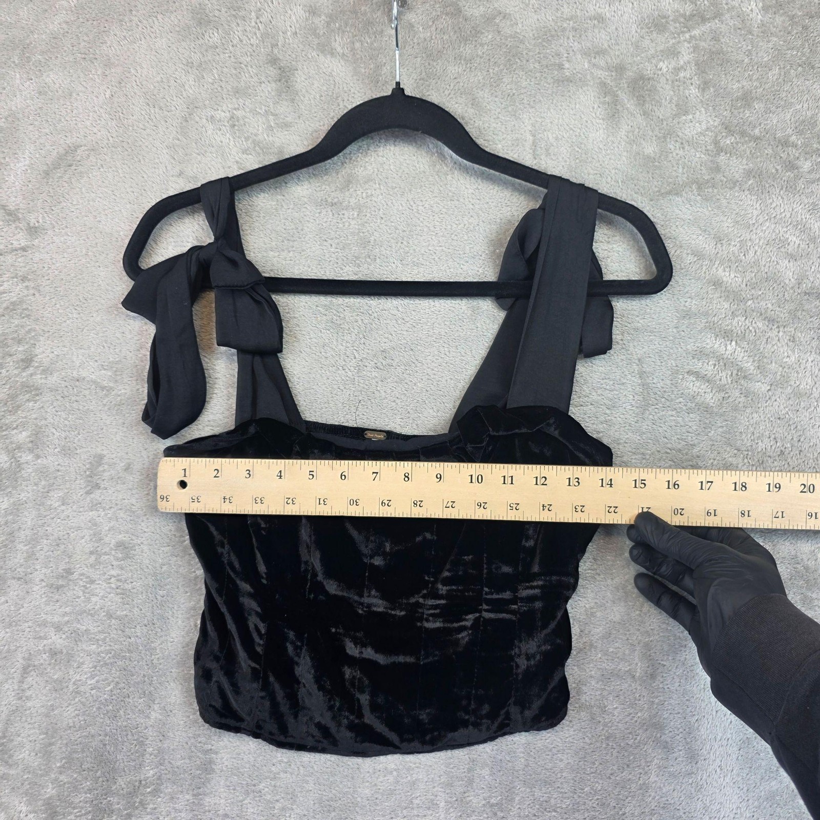 Free People Tank Top Womens XS Black Velvet Square Neck Tie Strap Lined Cropped