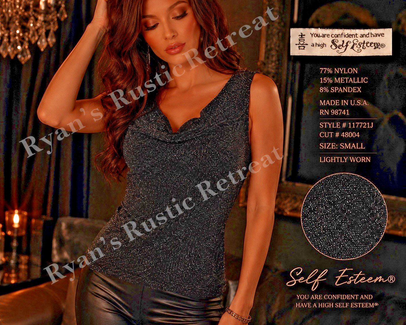 Self Esteem Black Metallic Sleeveless Top Women’s Small Sparkle Stretch USA DK