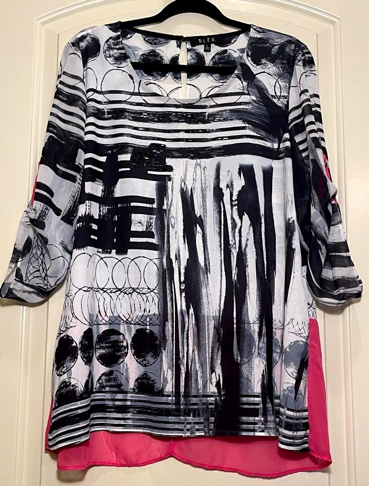 BLEU Womens Black, White, Hot Pink, artsy, tunic blouse w/stud colored accents L