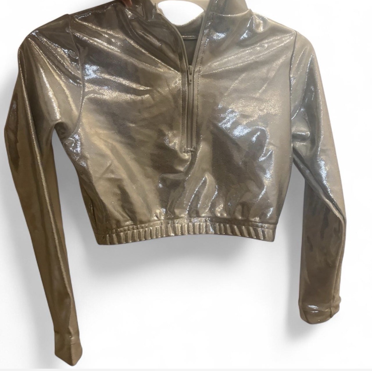 Silver Shiny Crop Zip Top
