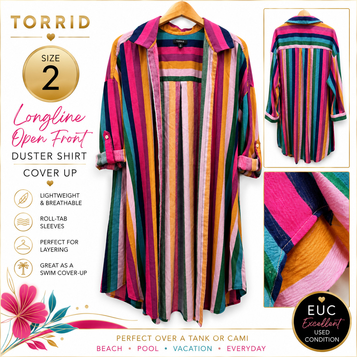 Torrid Plus Size 2 Rainbow Stripe Open Front Kimono Duster Shirt Cover Up EUC