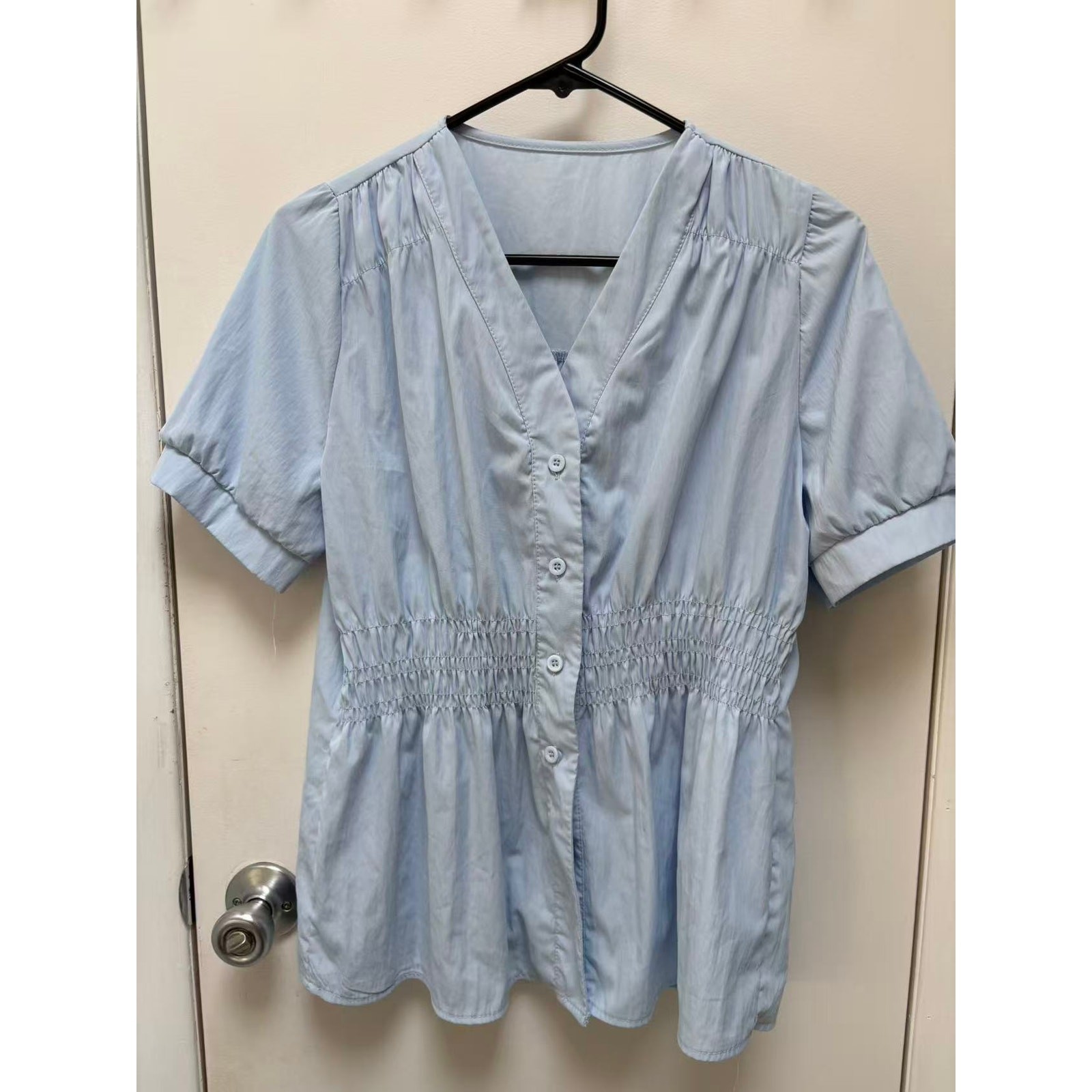Womens Light Blue V-Neck Short Puff Sleeve Button Up Blouse Top Elastic Waist S