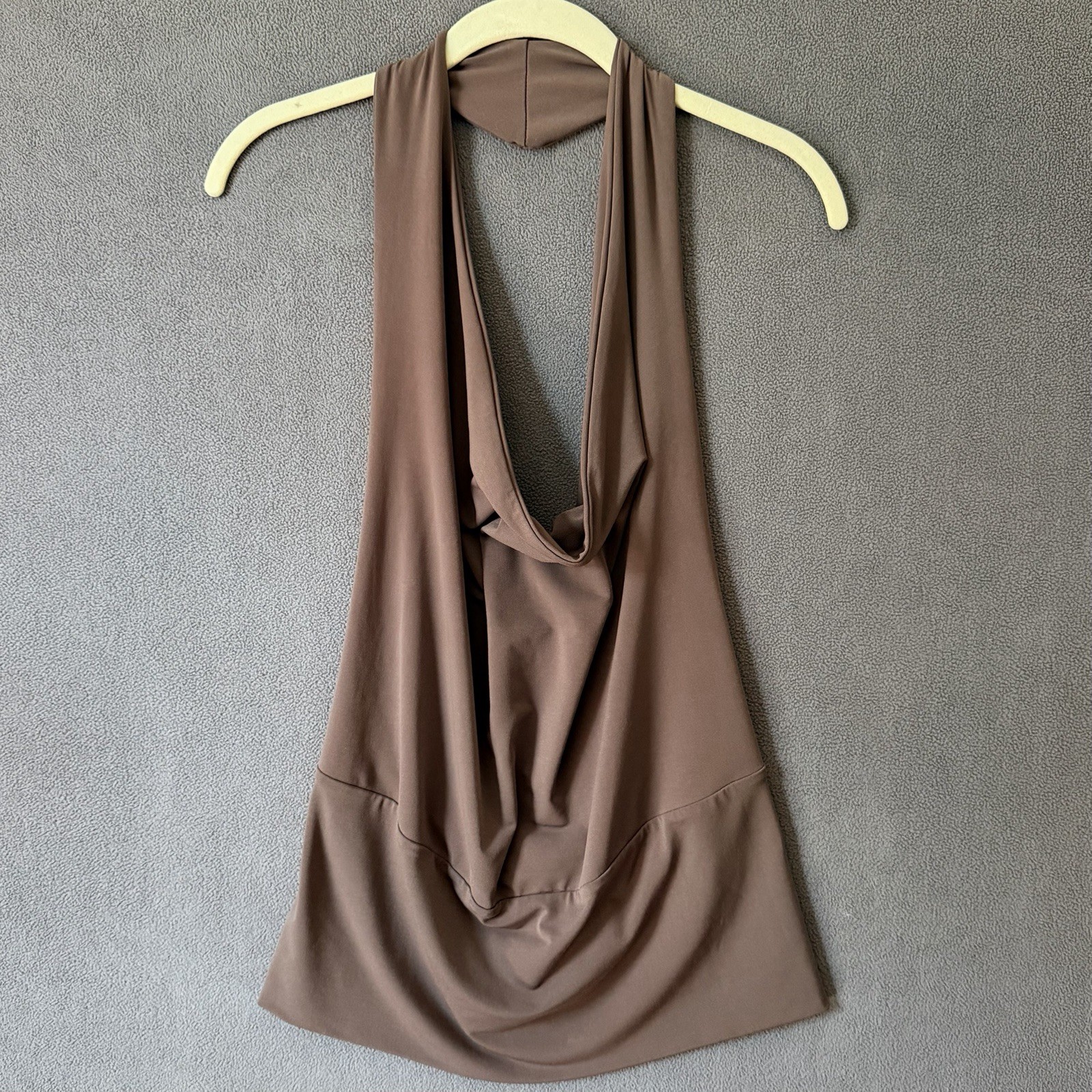Vtg Vamp Y2K Top Womens 10 Taupe Cowl Halter Cutout Back Slinky Sexy 00s 90s