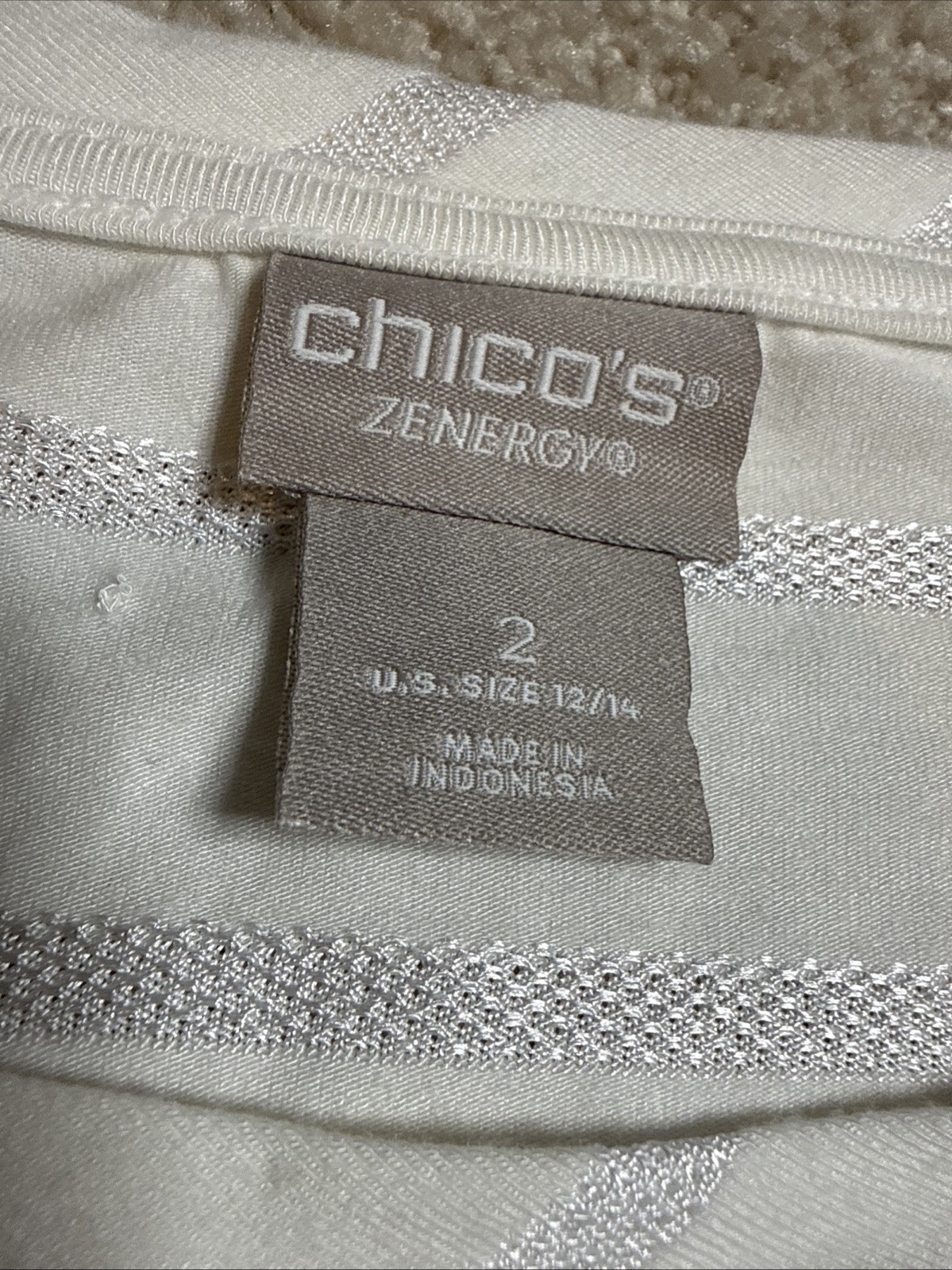 Chicos Zenergy Beige Striped Tunic 3/4 Sleeve SZ LG 12/14 Chicos 2 3/4 Sleeve