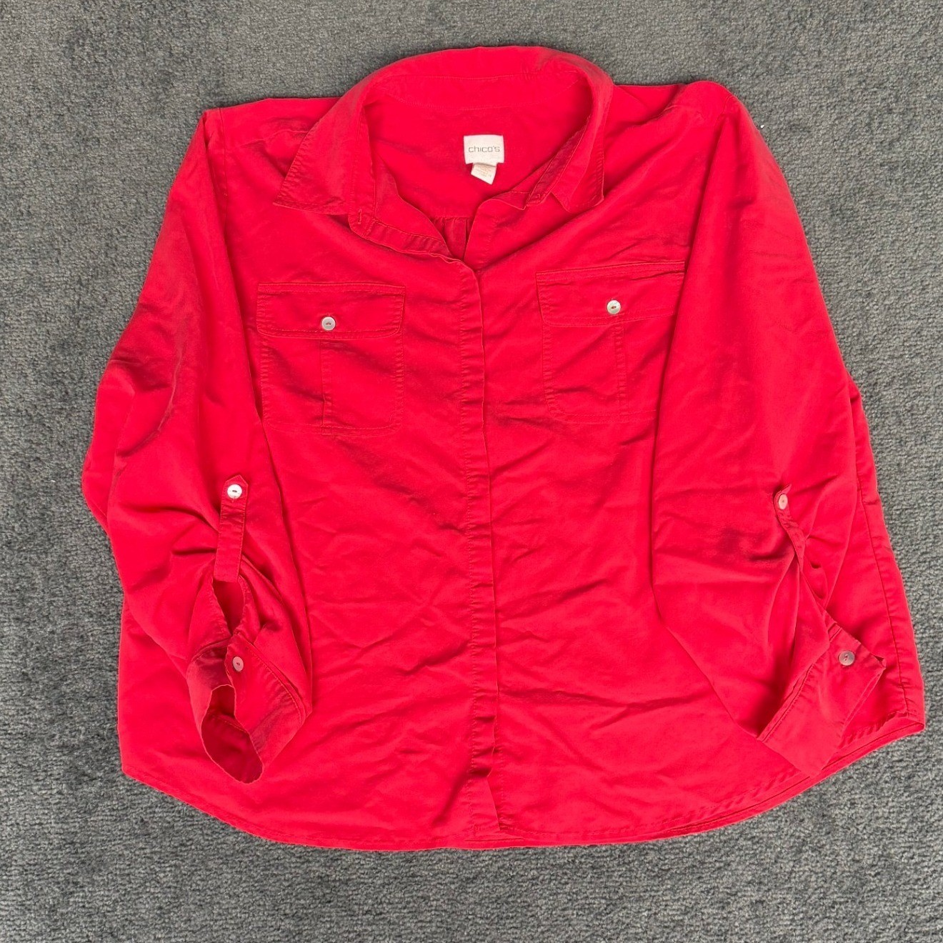 Chicos Red Modal Blend Roll Tab Sleeve Button Down Utility Shirt Size 3 XL