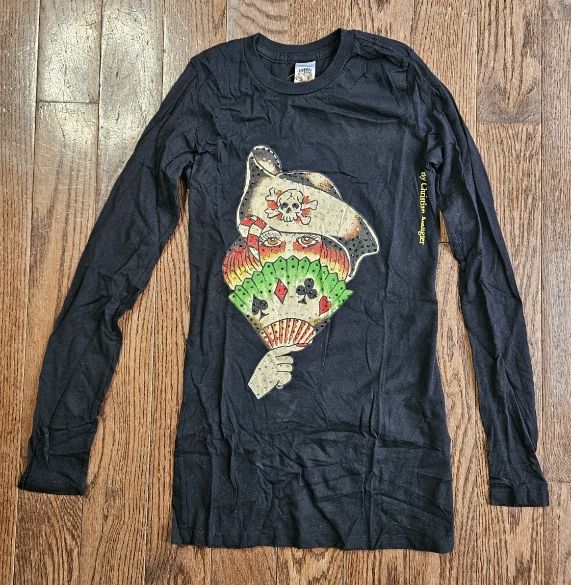 Vtg Y2K Ed Hardy Christian Audigier Long Sleeve Pirate Shirt Rhinestone Sz S