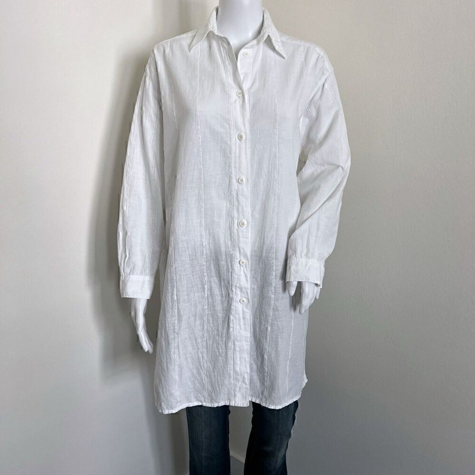 Ada Grimaldi Women’s Lagenlook Tunic Size 40 S White Collared Linen Blend Italy