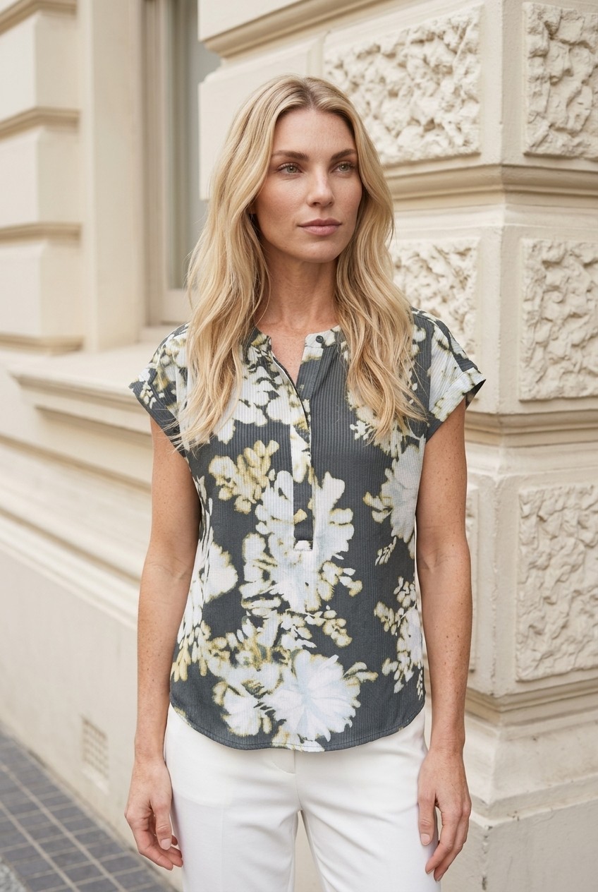 Simply Vera Vera Wang Charcoal Floral Cap-Sleeve Henley Top