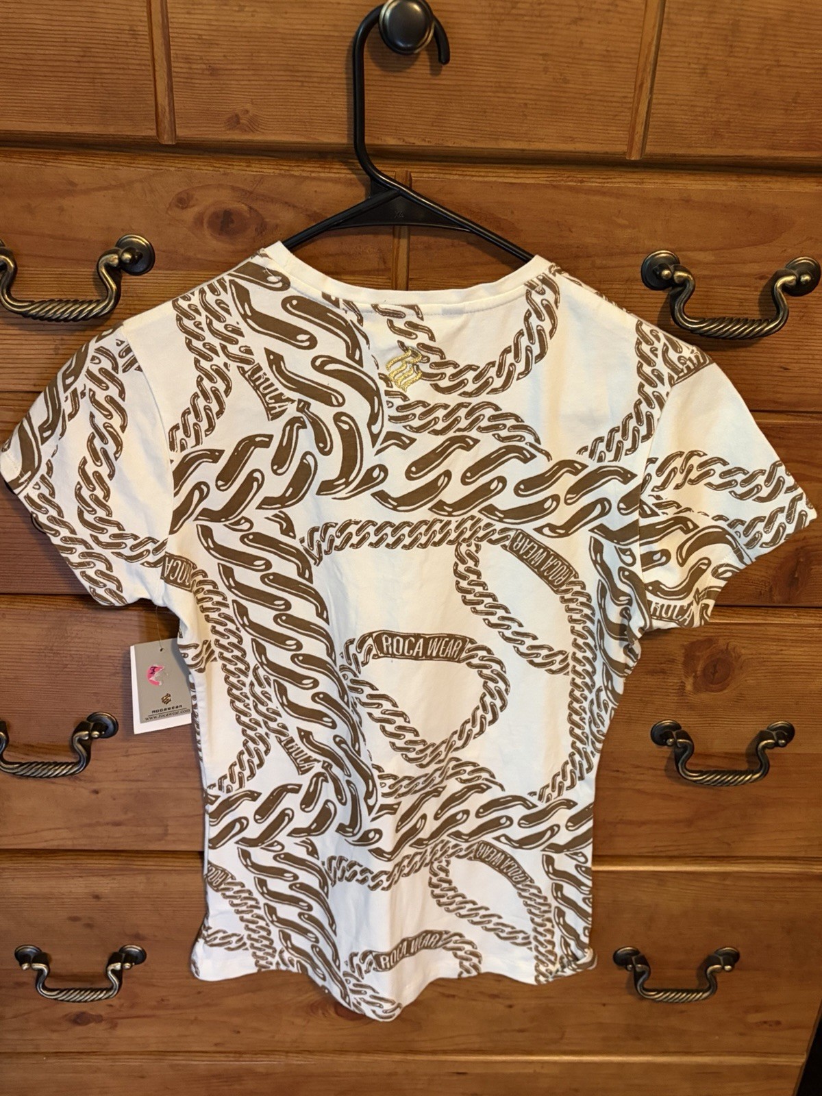 Rocawear Women’s L White Brown Logo Print Crew Neck Short Sleeve Stretch Tee