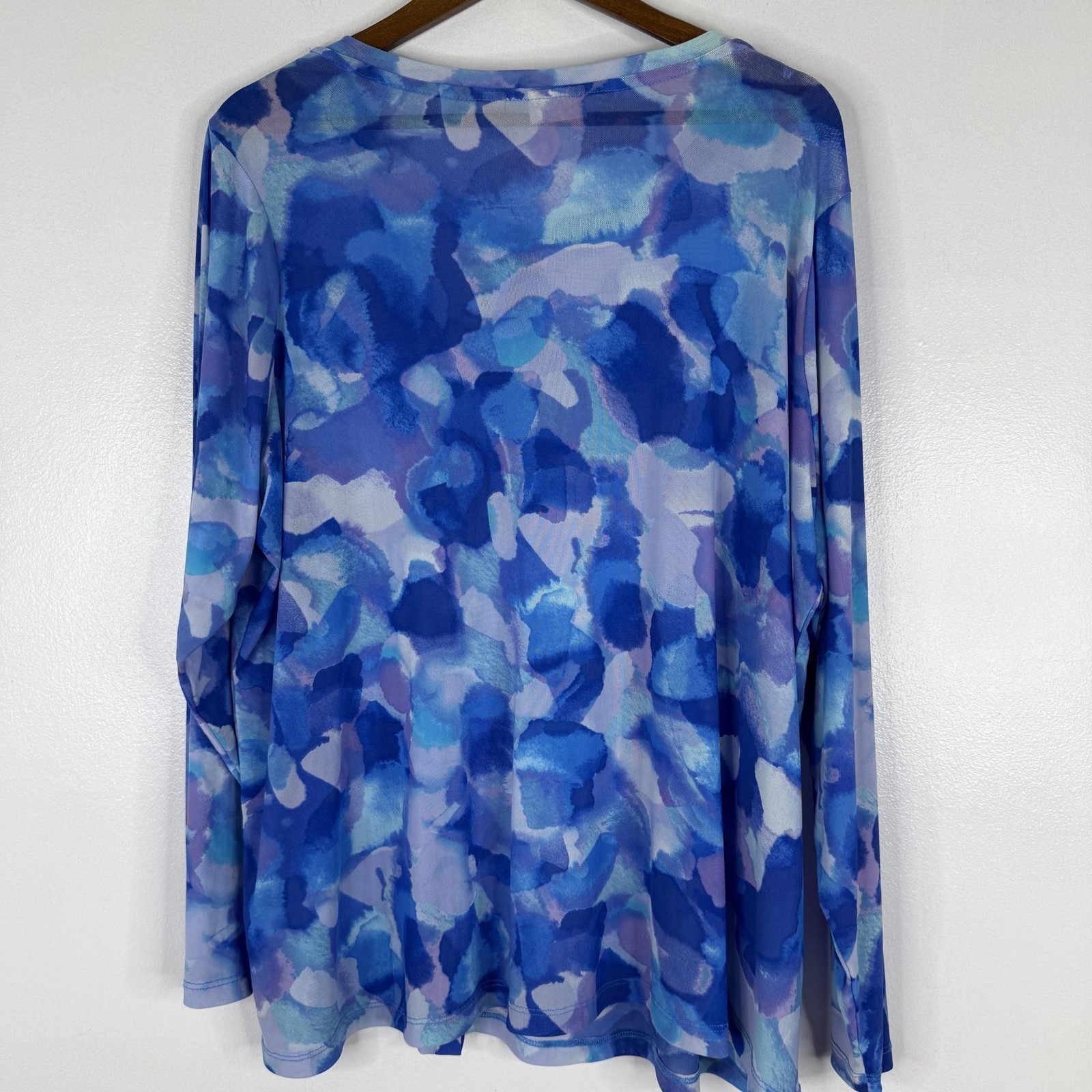 LOGO Lori Goldstein Top Womens 2X Blue Sheer Mesh Print Button Up Tunic Blouse