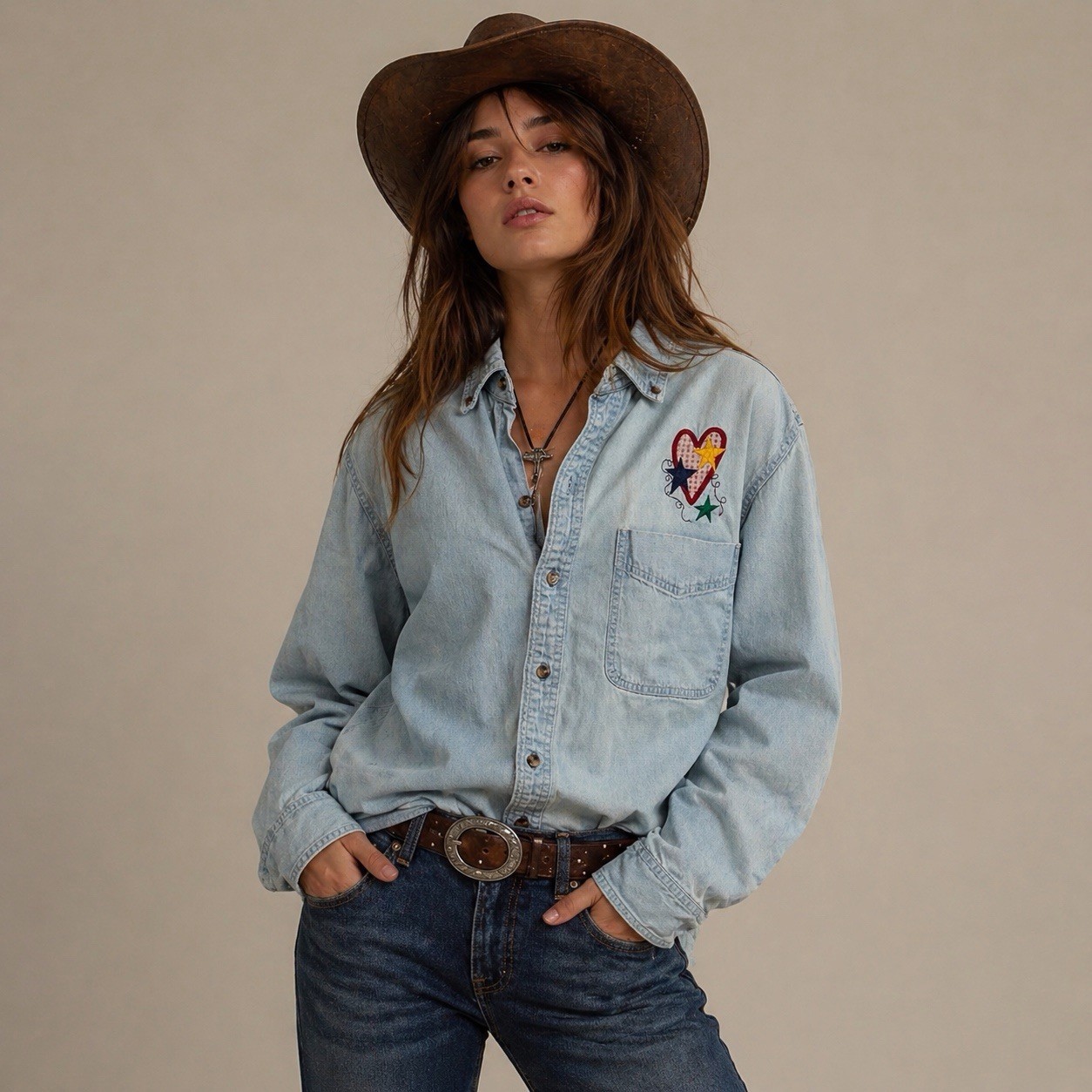 Vintage Denim Shirt Womens M Light Wash Heart Star Embroidery Western Cowgirl