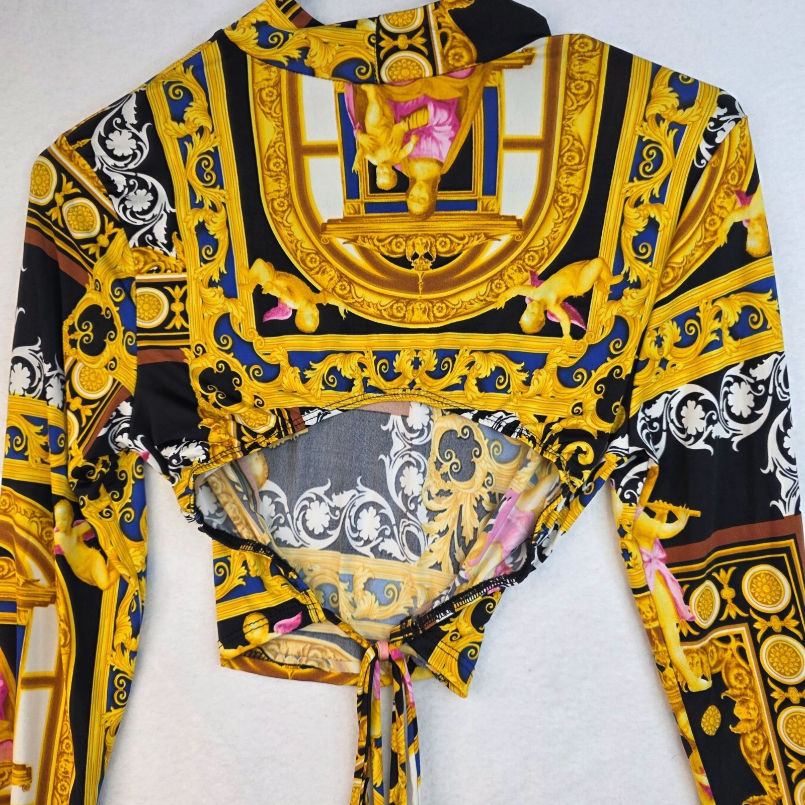 Timing Baroque Crop Top L Black Yellow Long Sleeves Tie Rear Angelcore Festival