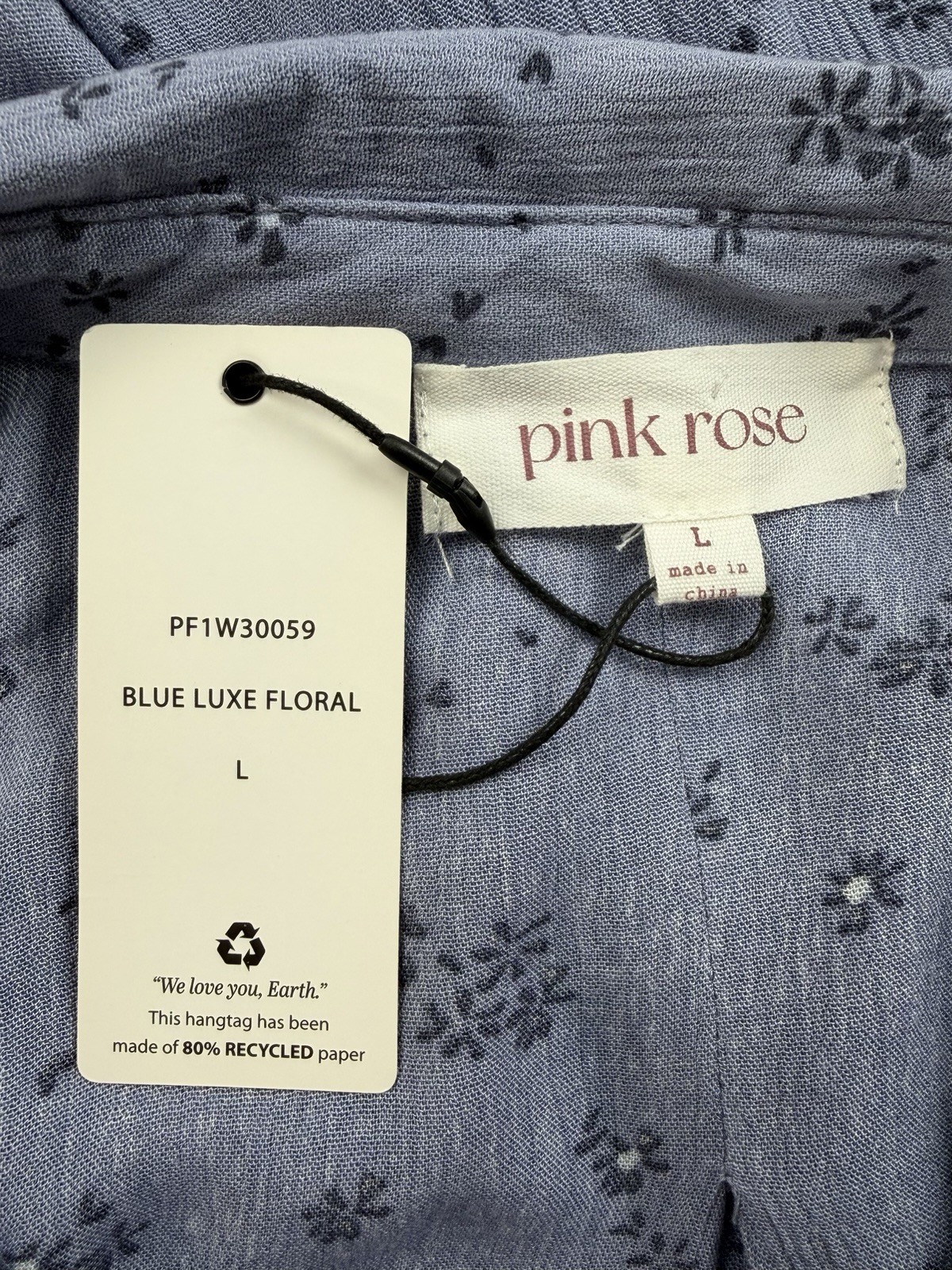 Pink Rose Women L Blouse Button Front Blue Floral Rayon Flowy Soft Cottagecore