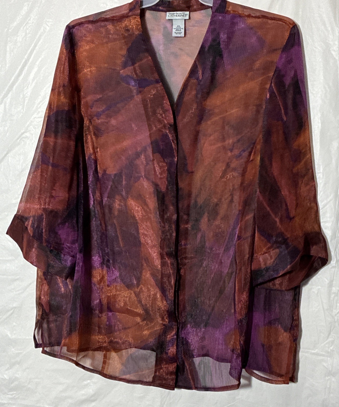 Maggie Barnes Blouse Sheer V Neck Top Button Multicolor 3/4 Sleeve Art 2 Wear 24