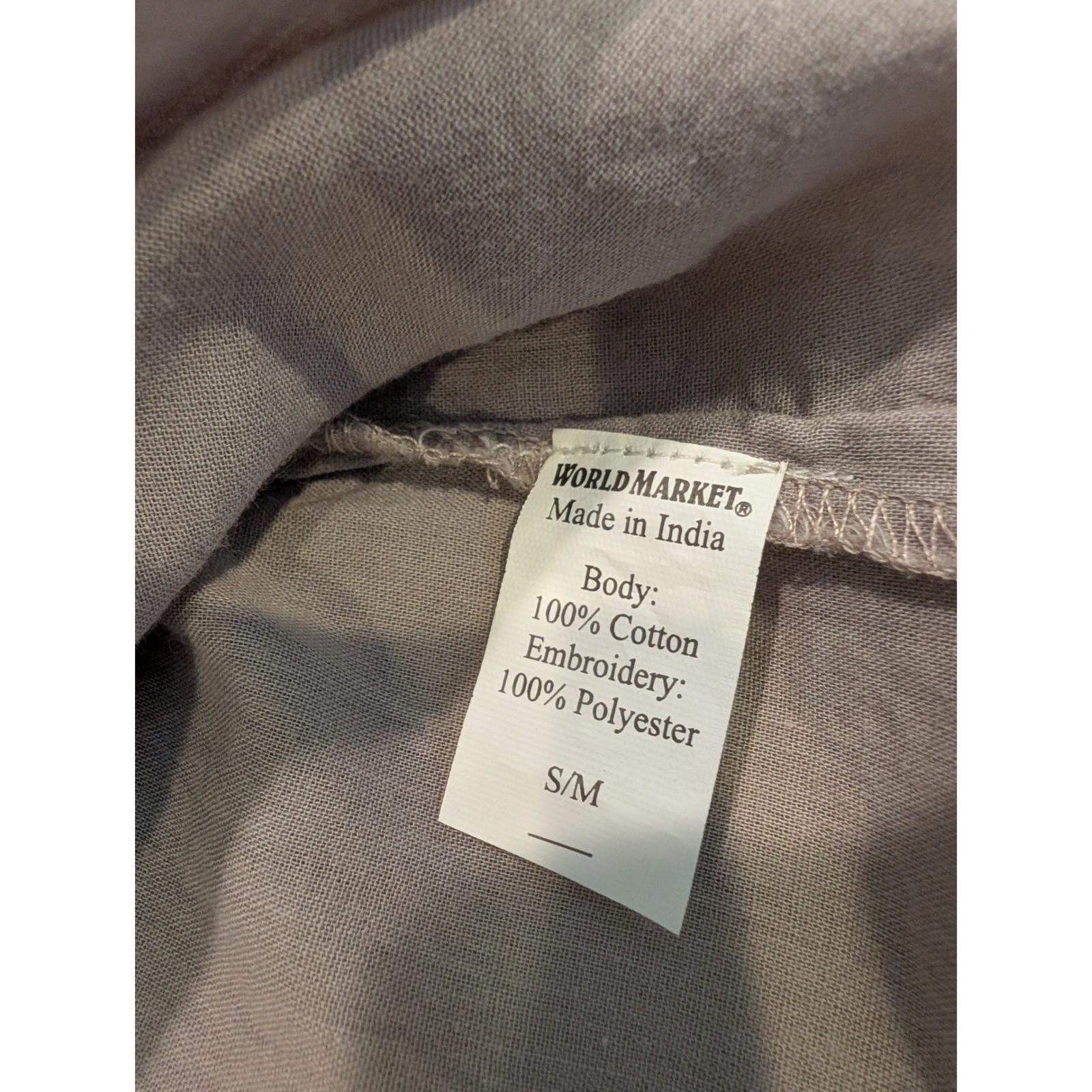 World Market Tunic Top Boho Embroidered Pintuck Cotton Taupe Grey Womens S/M