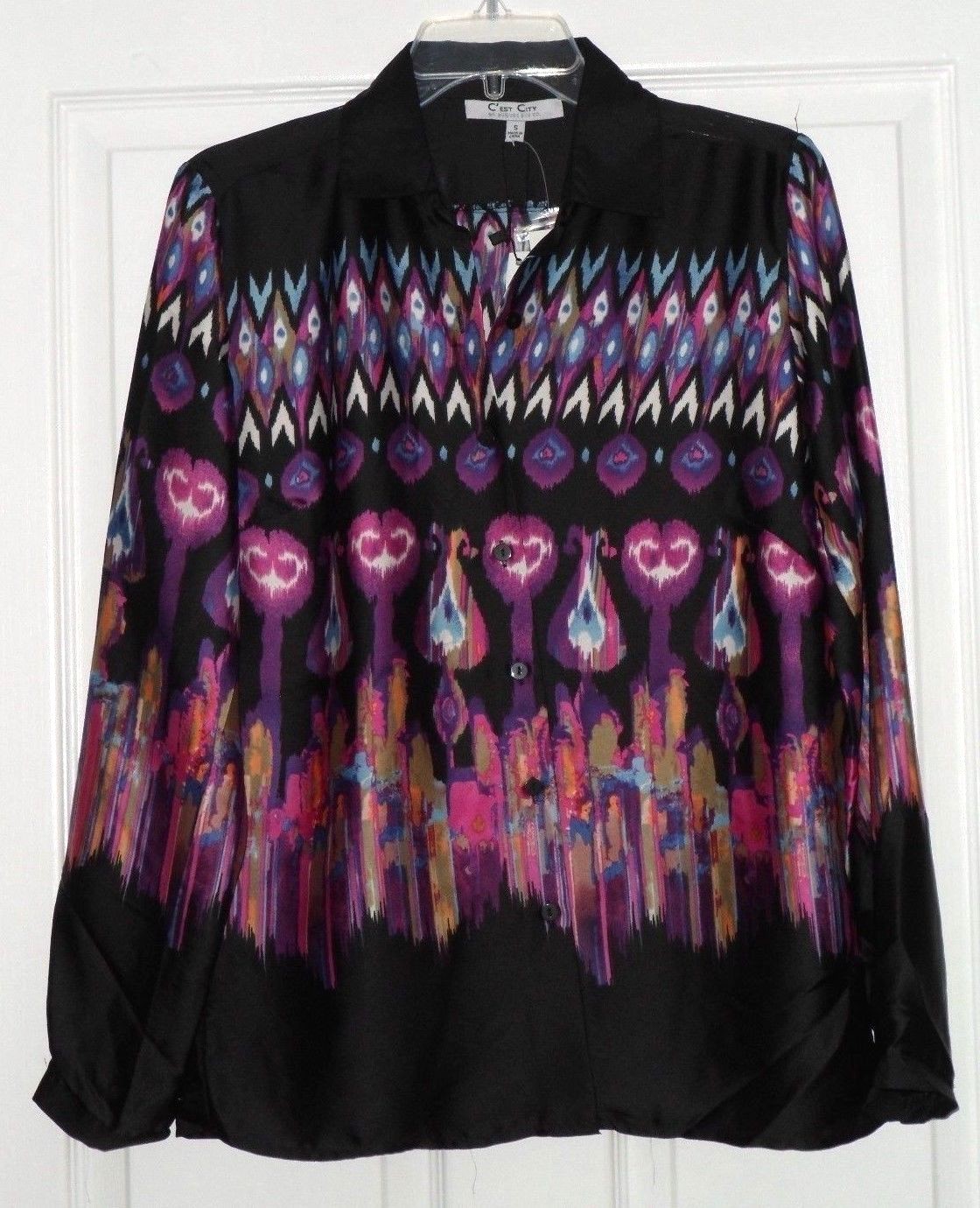 *C’EST CITY BLOUSE SIZE M BLACK BLACK PURPLE PRINT SILKY FEEL MSRP:$58.00 NWT