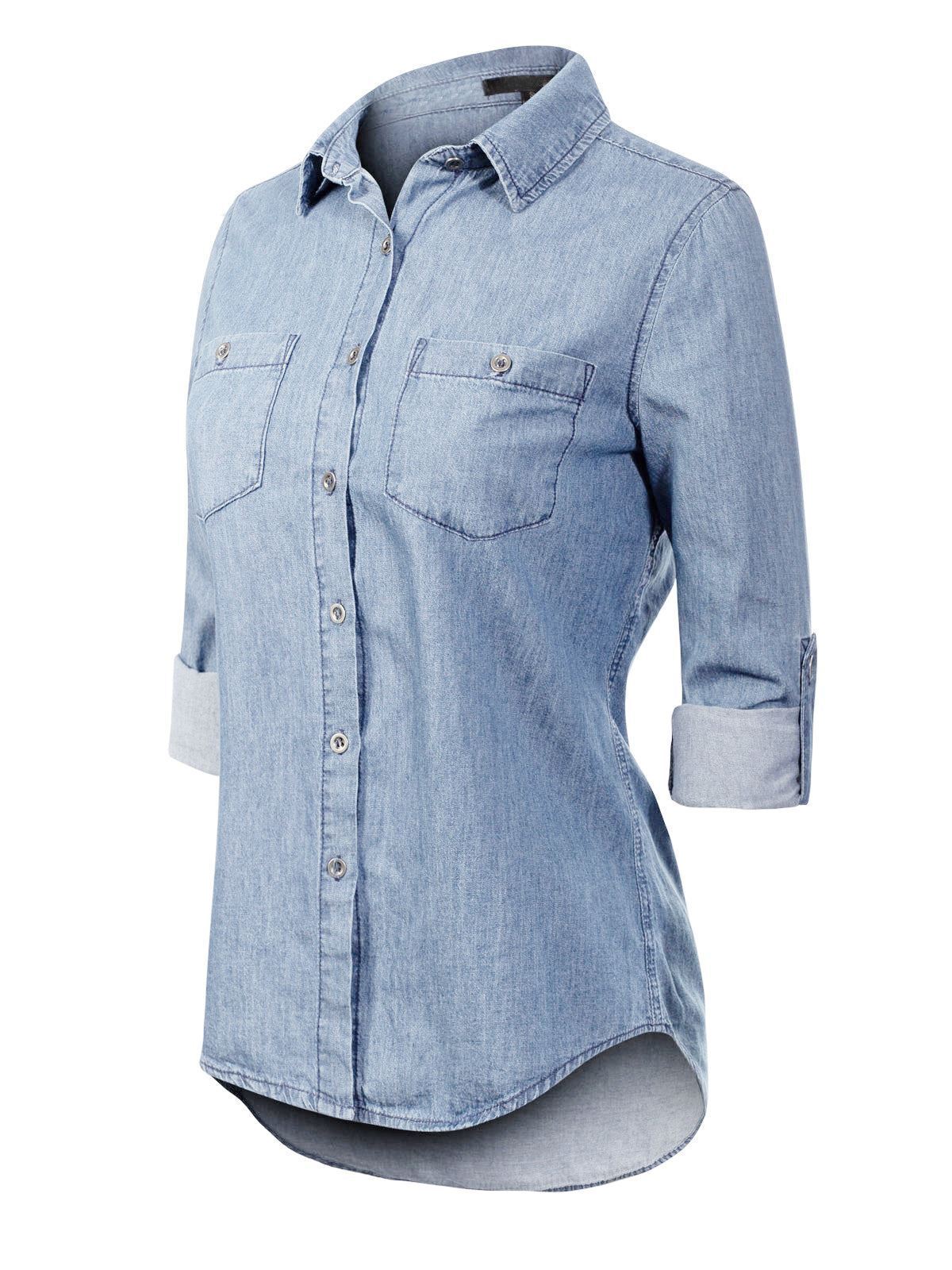MixMatchy Basic Classic Roll up Sleeve Button Down Chambray Denim Shirt