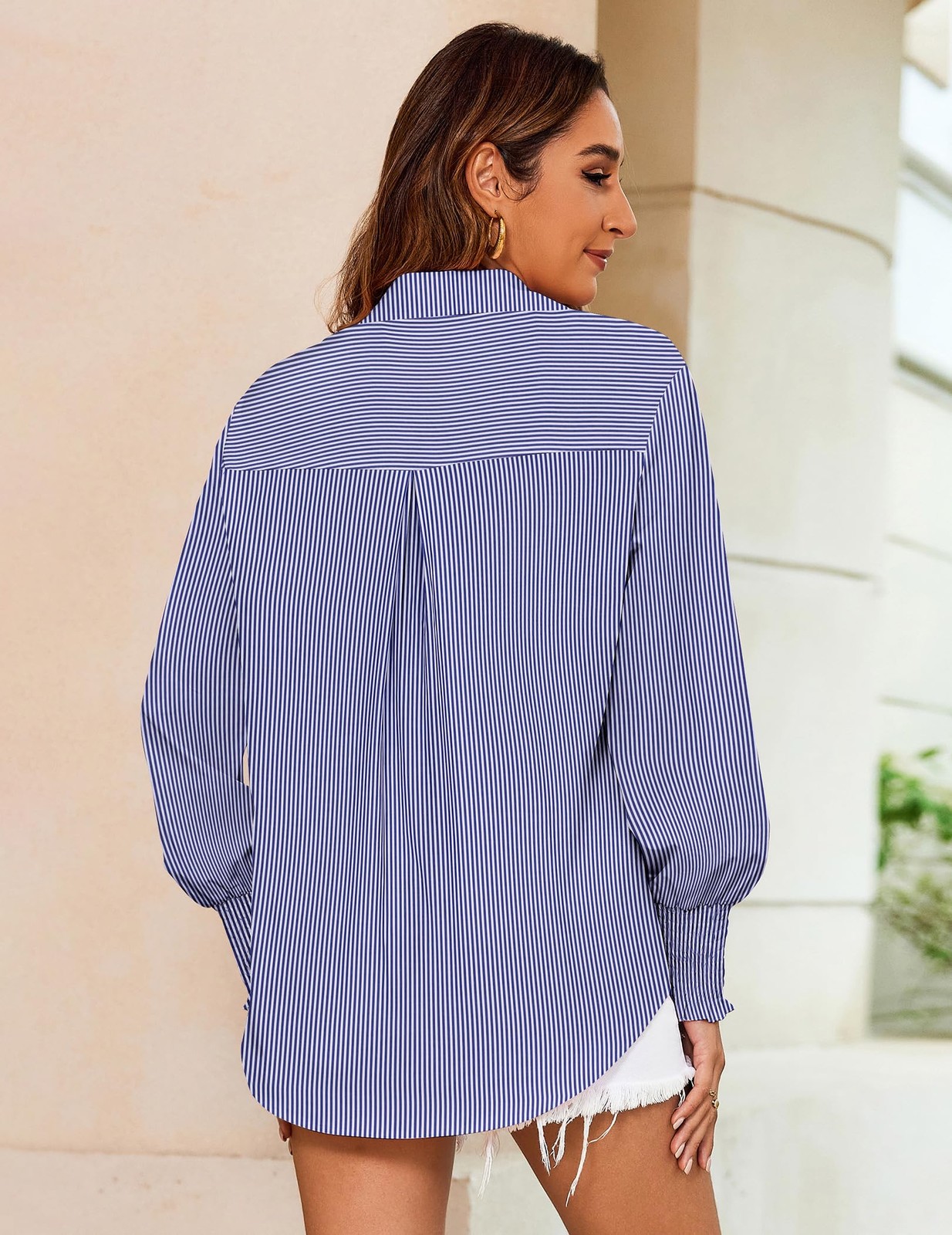 Zeagoo Oversized Button-Down Striped Lantern Long Sleeve Blouse Top S