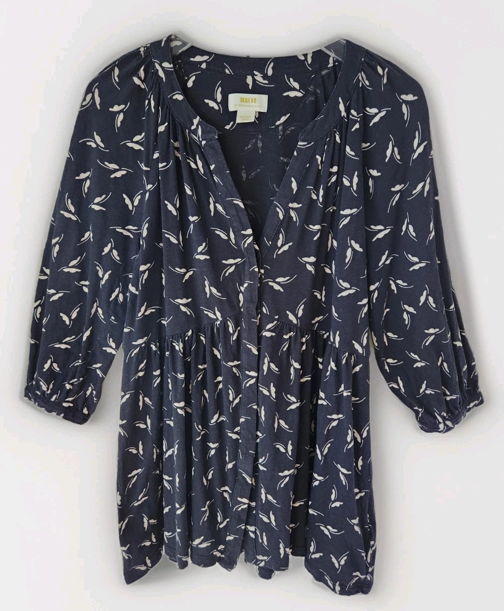 Maeve Anthropologie Baby Doll Top M Black Tan Notch Neck 3/4 Sleeve Button Up