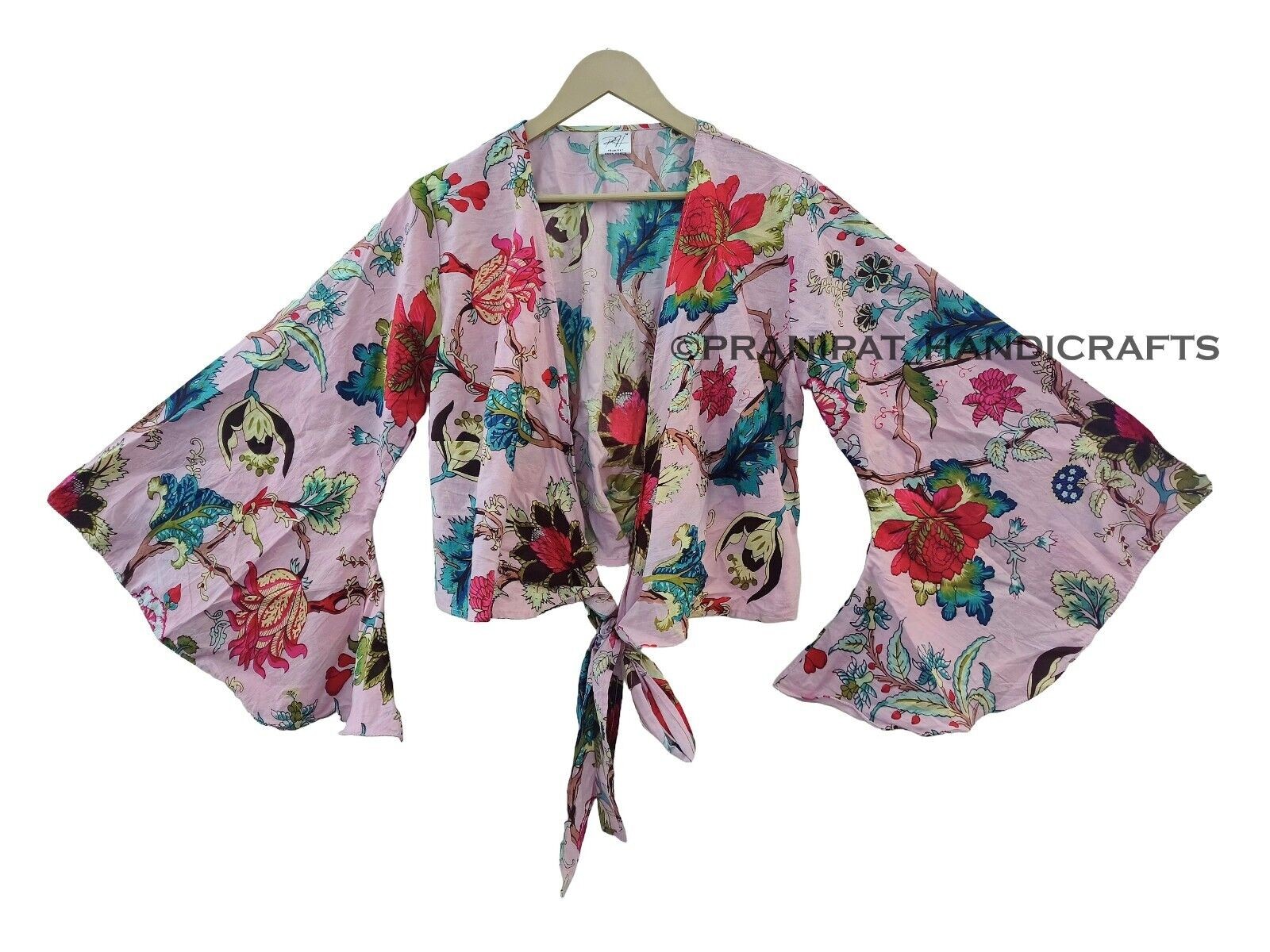 Indian Floral Hippie Cotton 70′ Retro Bell Sleeve Baby Pink Women Beach Crop Top
