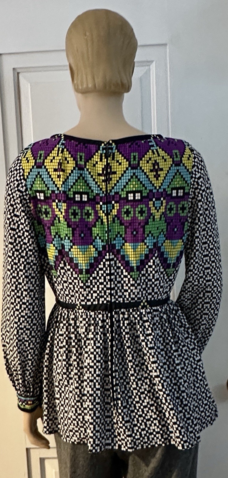 Vintage I.Magnin Graphic Blouse Empire Waist Pixelated B&W Checkerboard Morphew