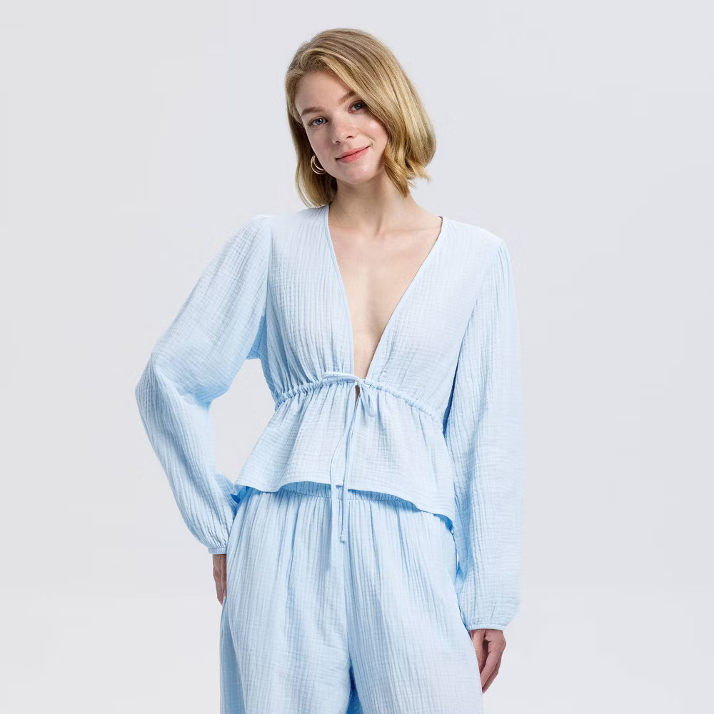 Women Puff Long Sleeve Tie-Front Crinkle Gauze Top – A New Day