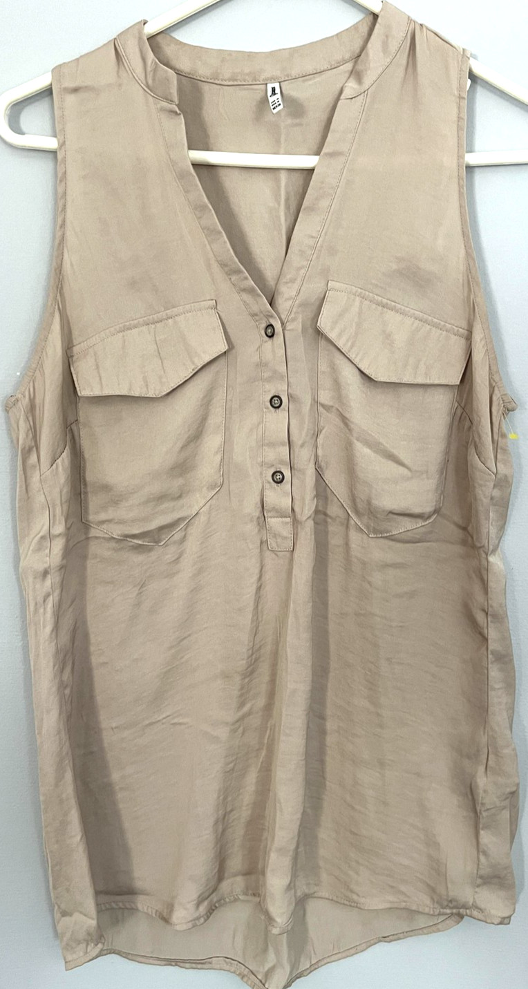 Stradivarius Shirt Womens Medium Beige Sleeveless V Neck Utility Pockets Blouse