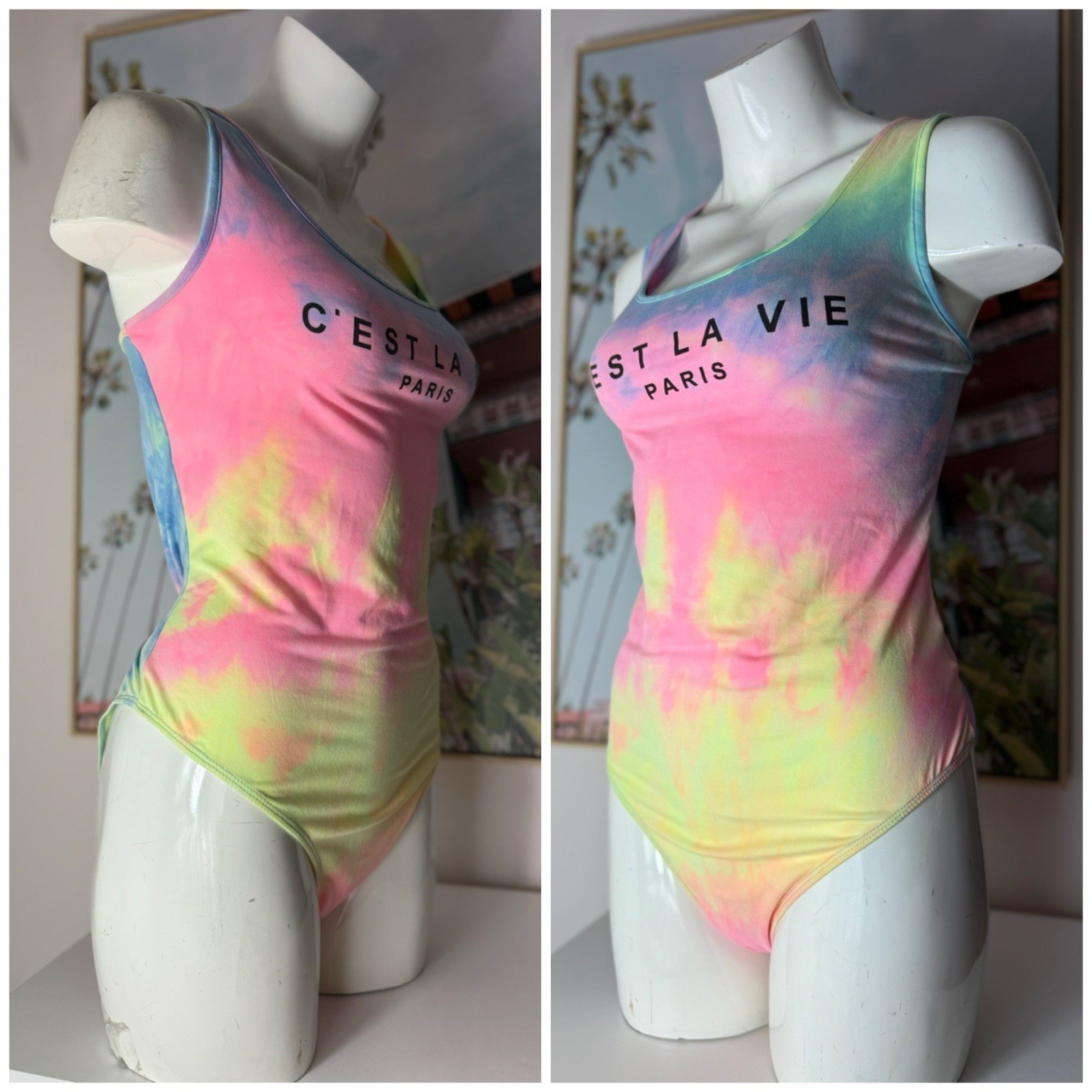 SHEIN C’est La Vie Sorbet Rainbow Tie Dye Verbiage Bodysuit Tank Top Size XL