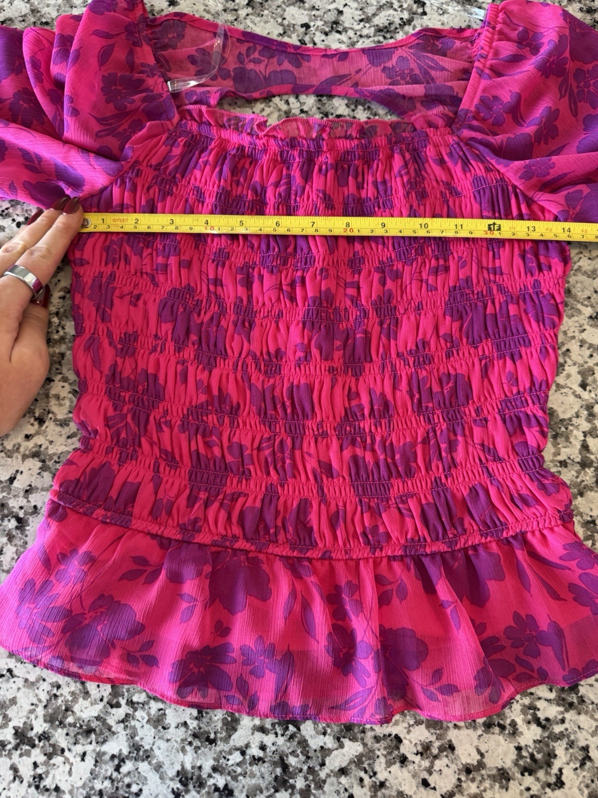 Hot Pink Floral Smocked Peplum Top Puff Sleeve Cottagecore Boho Blouse Sz S NWT