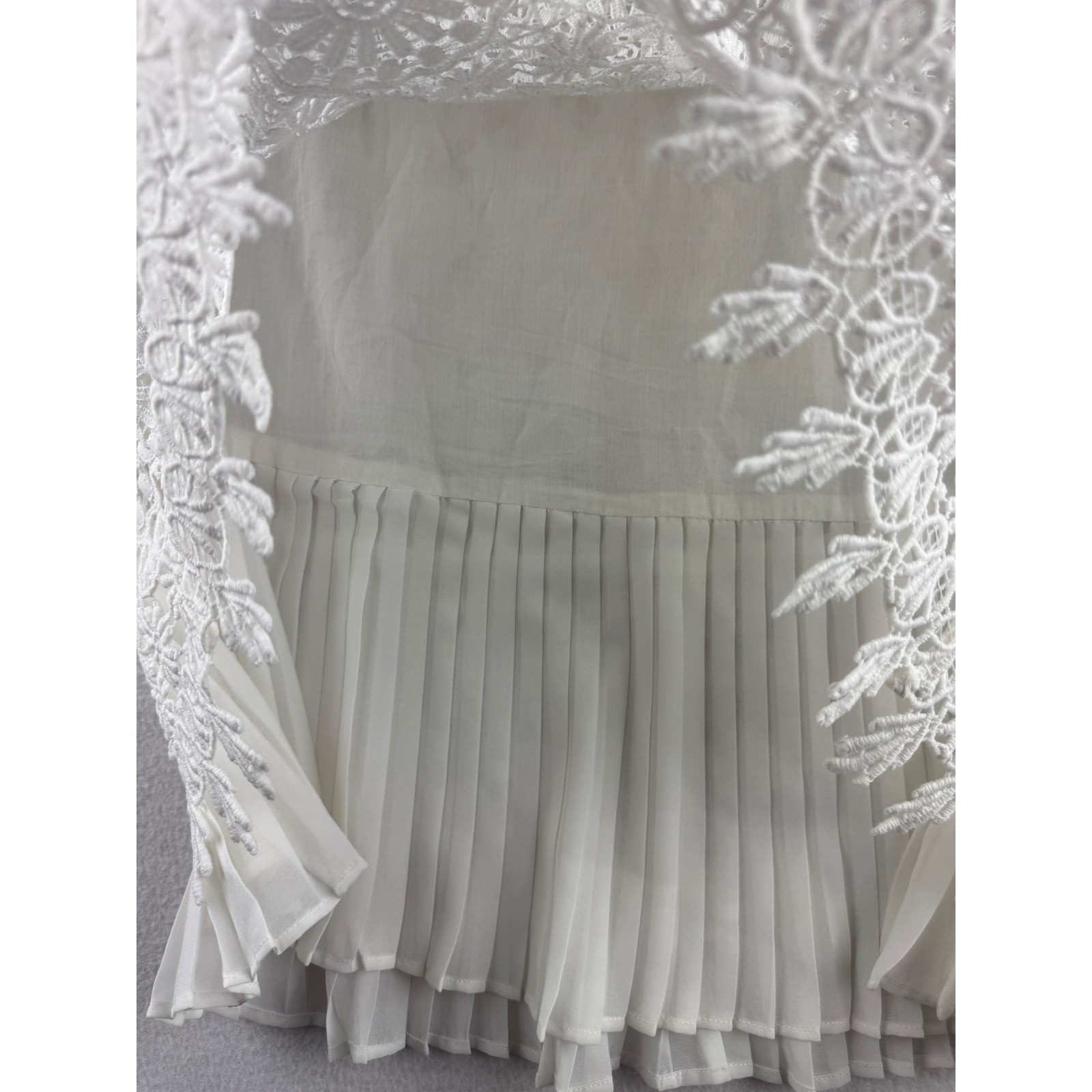 Chico Floral Crochet Lace Pleated Chiffon Short Sleeve Top White Boho Romantic