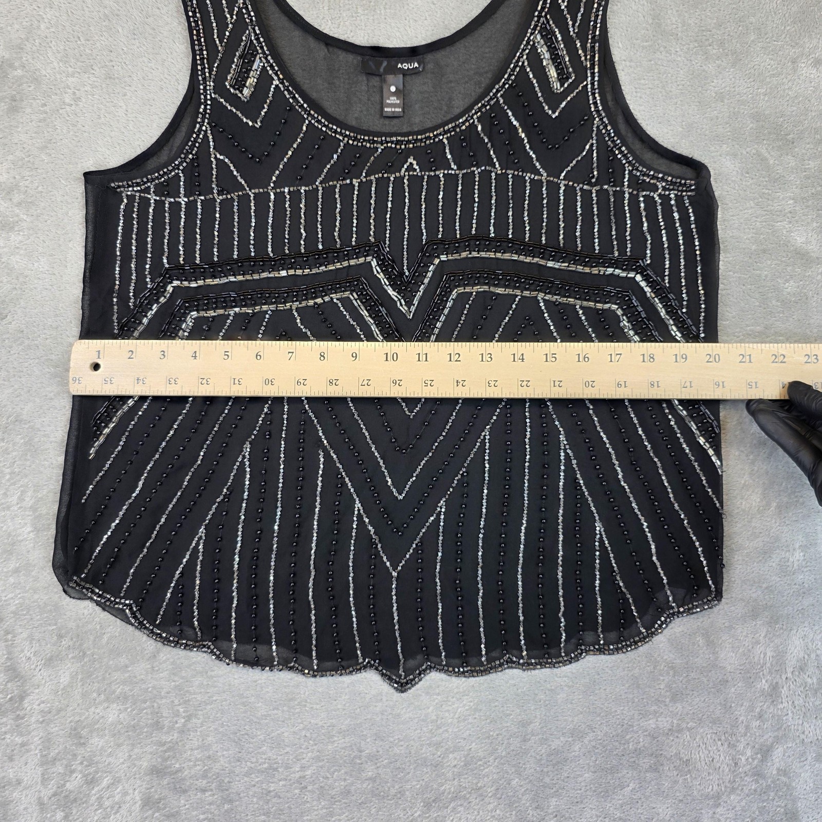 Aqua Tank Top Womens Large Black Beaded Geometric Sheer Chiffon Party Cami