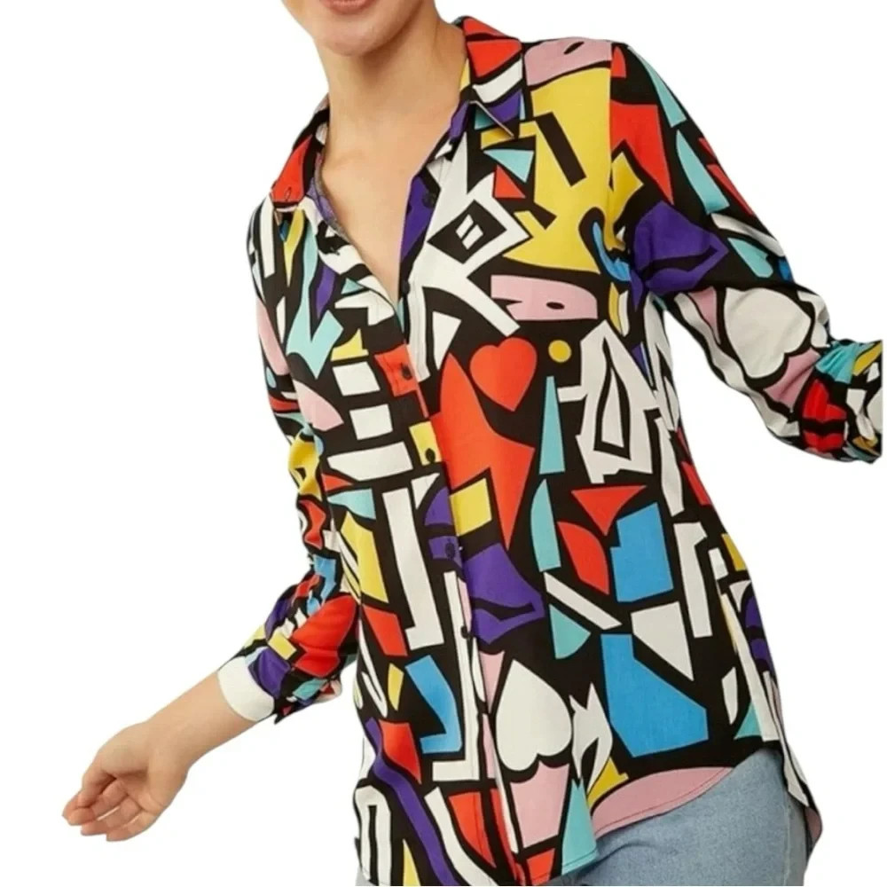 NWT Big Dart Vibrant Abstract Print Button Down Shirt Hearts Long Sleeve Size L