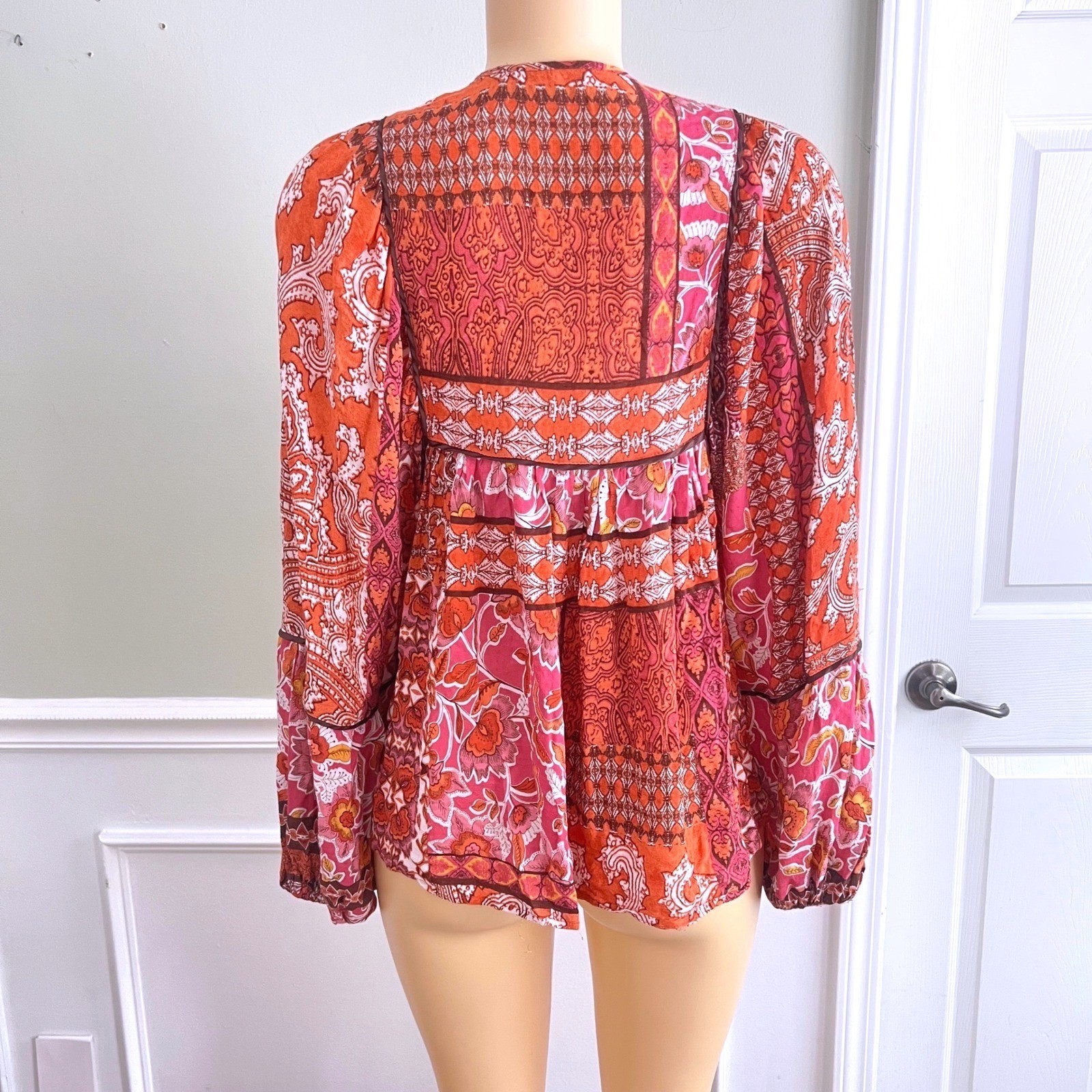 Boho Patchwork Peasant Blouse Womens Sz S Paisley Orange Pink Tassel Cottage
