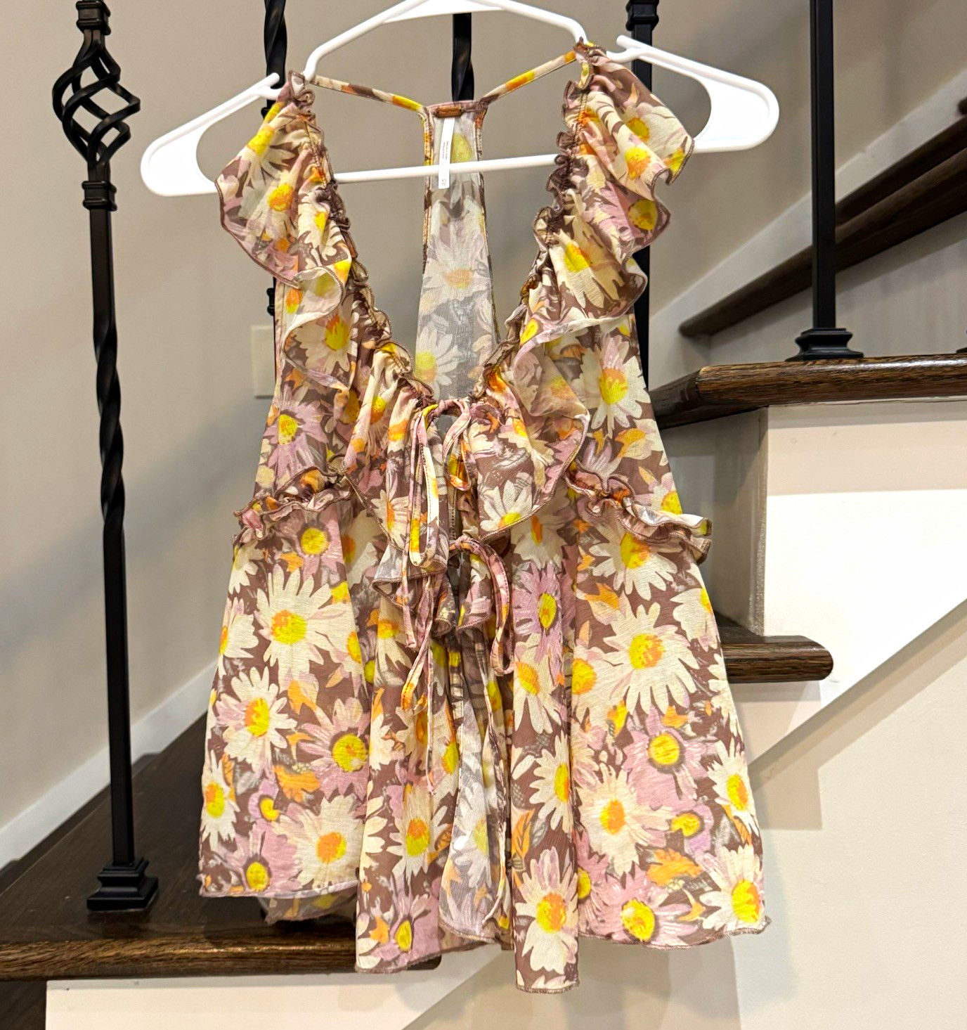 Free People XS Sheer Daisy Floral Ruffle Tie Front Boho Tank Top
