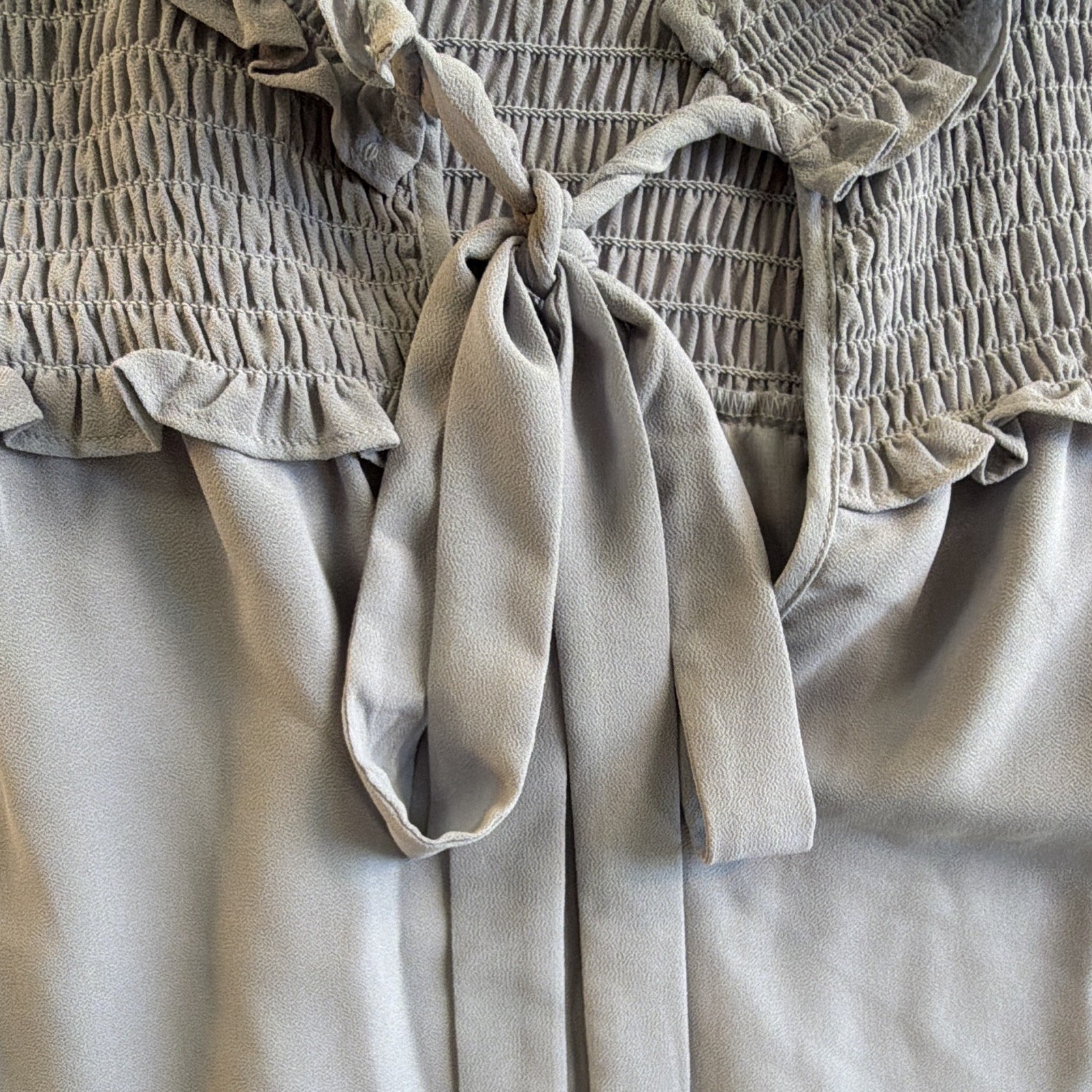 Pleione Women’s Gray Solid Woven Polyester Smocked Ruffle Tie Neck Blouse XL