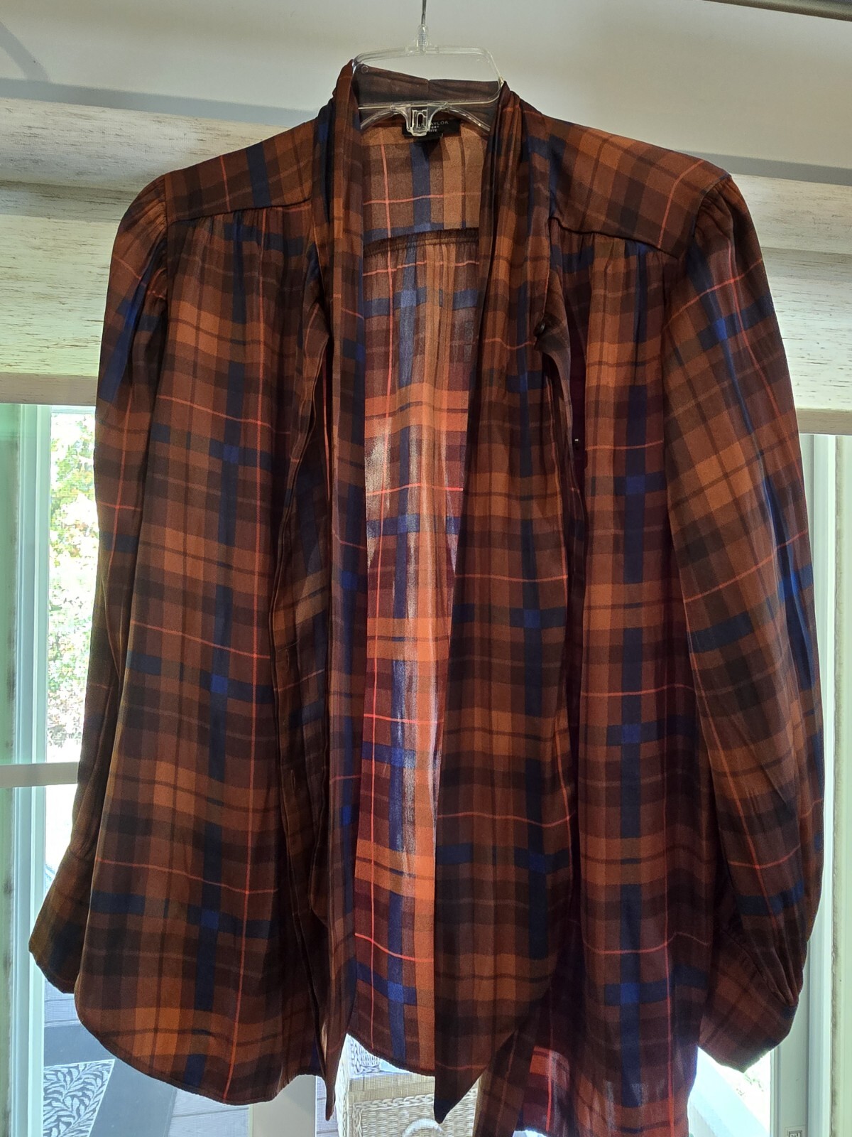 Ann Taylor LARGE LP Brown plaid Silky 70s Secretary Tie Neck Blouse Shirt Top L