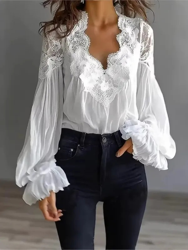 Blusa Mujer Color Sólido V-cuello Encaje Manga Farol Elegante Oficina