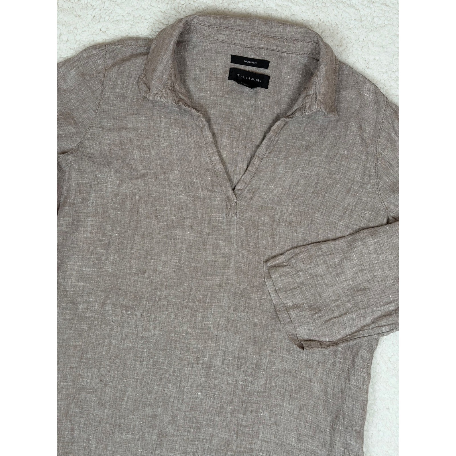 Tahari Sz S Linen V-Neck 3/4 Sleeve Top Side-Button Pullover Lagenlook