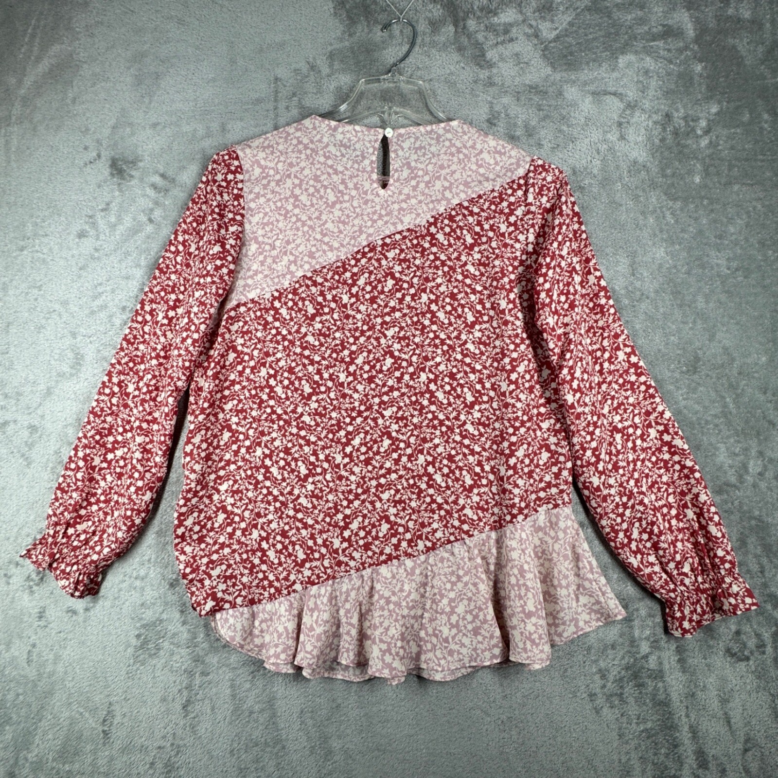 Logo Lori Goldstein Blouse Floral Print Long Sleeve Ruffle Hem Pink Red Size S