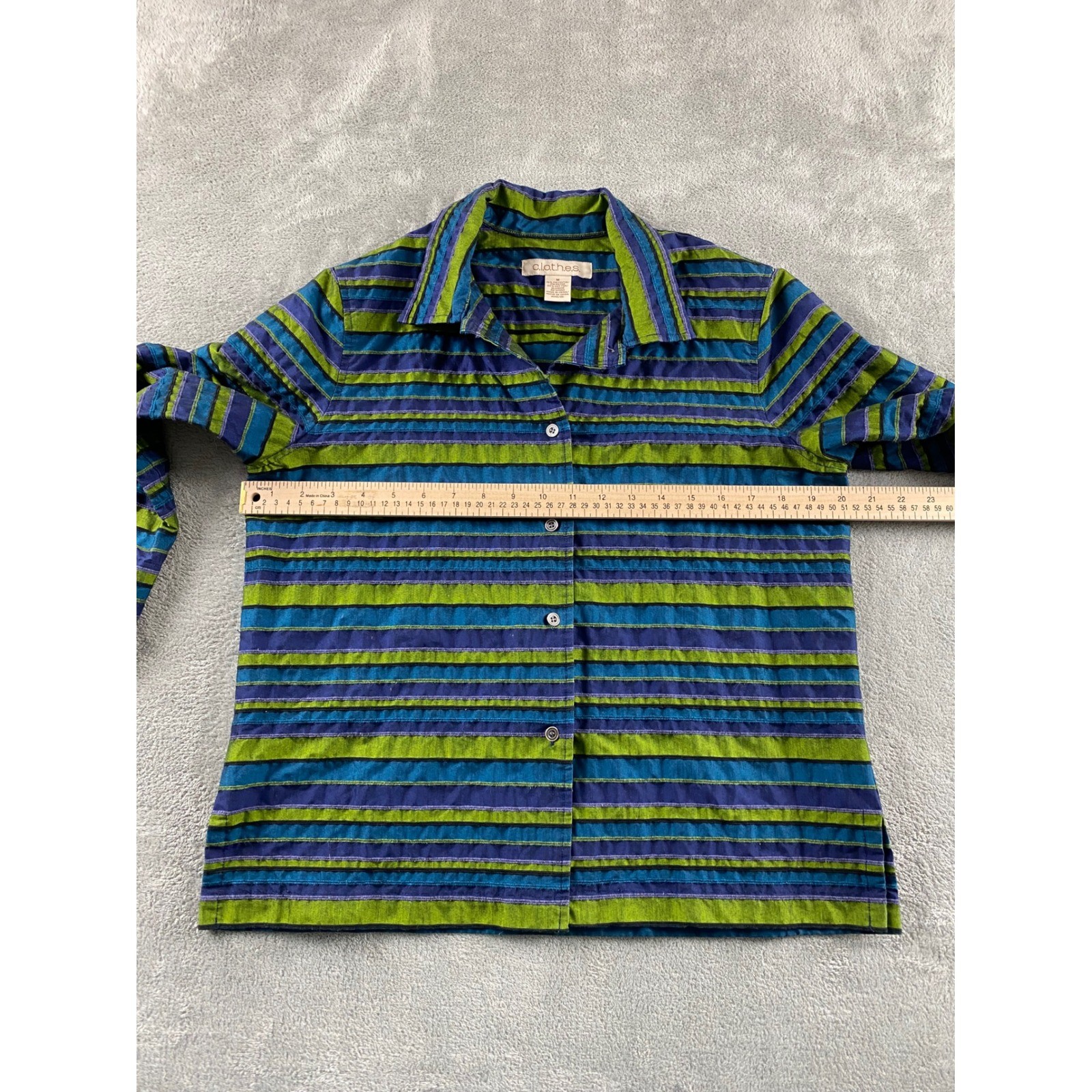 c.l.o.t.h.e.s. Womens M. Green Blue Striped Textured Button Down Shirt Blouse