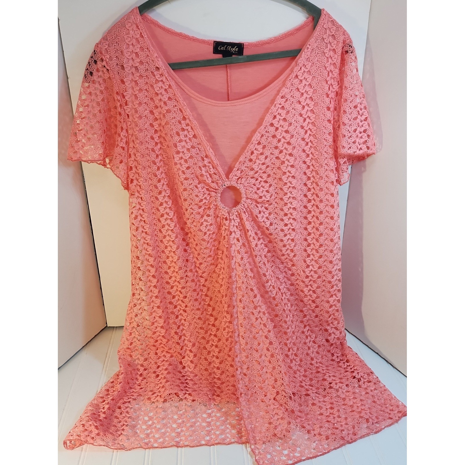 VTG Cal Style USA Pink Lace O-Ring Short Sleeve Top LG Crochet Romantic BOHO