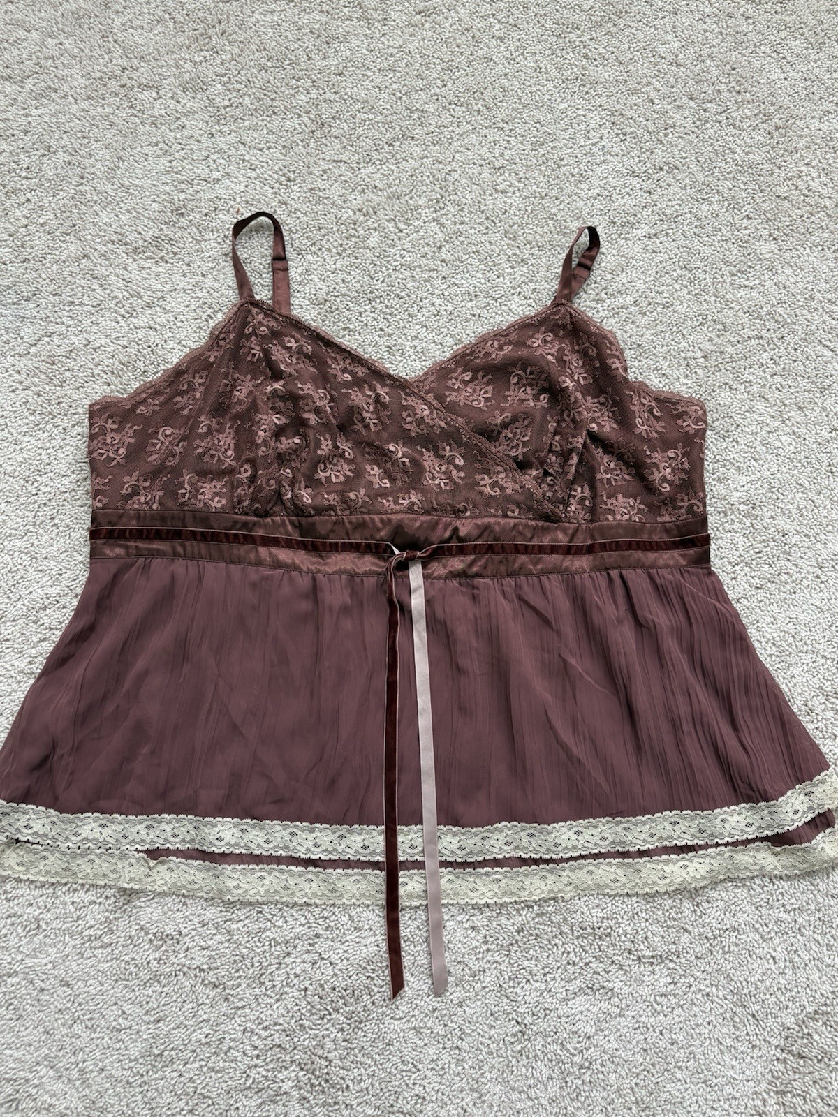 Y2K Lane Bryant Babydoll Top Women 28 Burgundy Tan Lace Tie Waist Cami Romantic