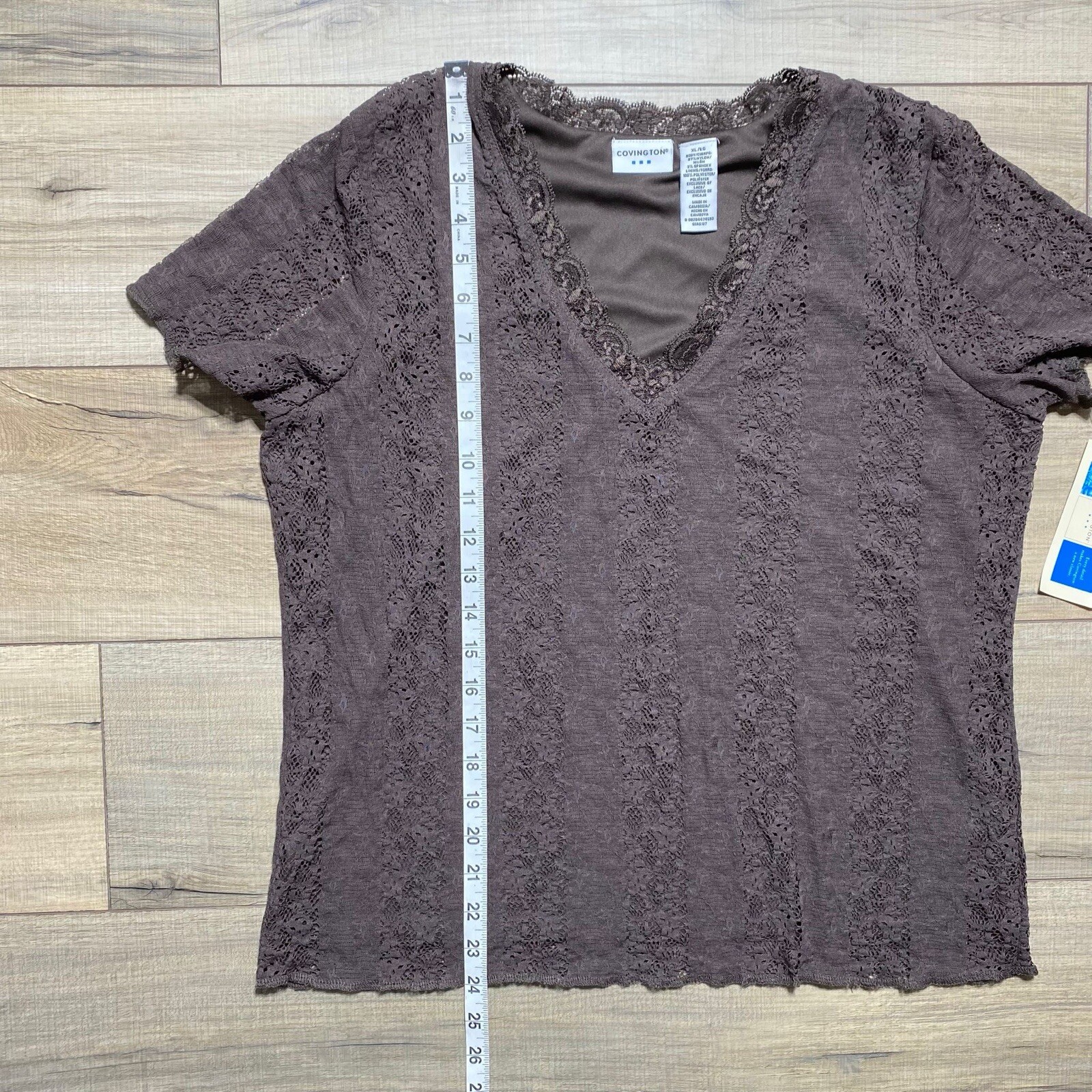 Covington Womens Short Sleeve Lined Lace V-Neck Top Size XL Brown