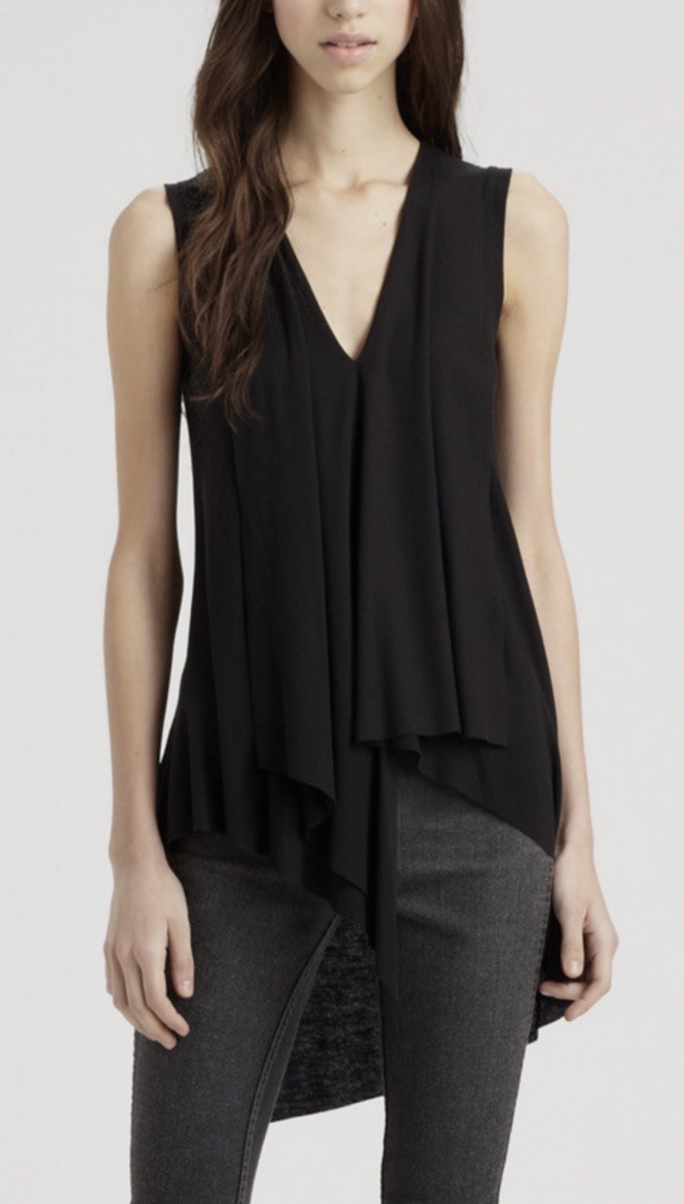 NWT BCBG MAXAZRIA SIZE S Cyprien Black Satin Ruffle Asymmetric Hi-Low Top