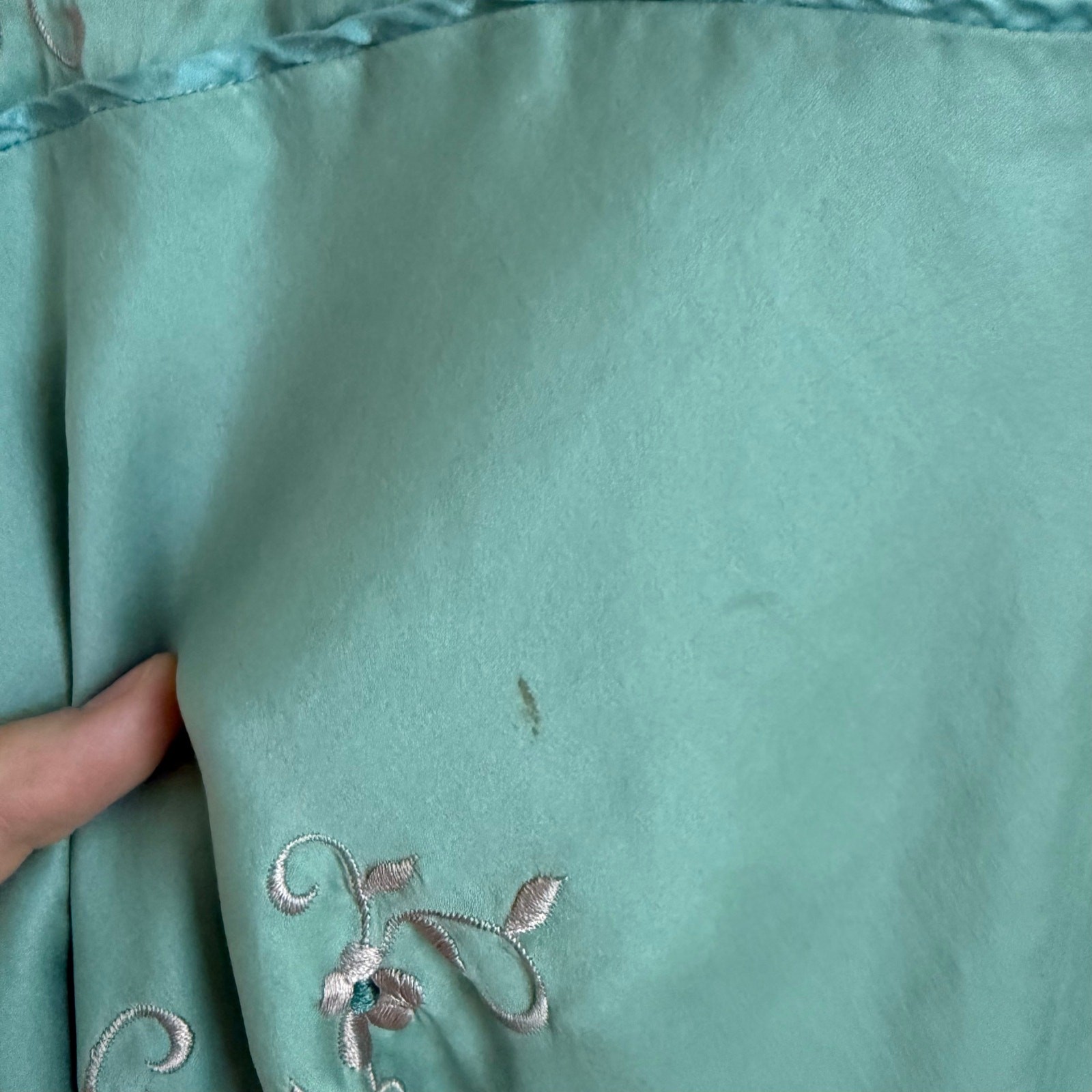 Y2K Vintage Monsoon Mint Blue Silk Floral Embroidered Babydoll Blouse Size 8