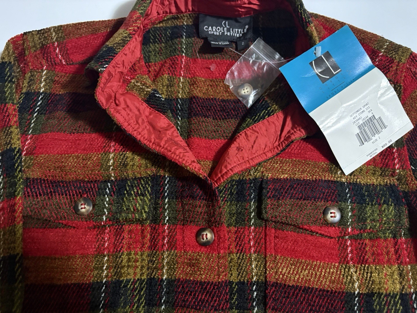 NWT Carole Little Shacket Petite 2 Red Plaid Long Sleeves Button Down Pockets