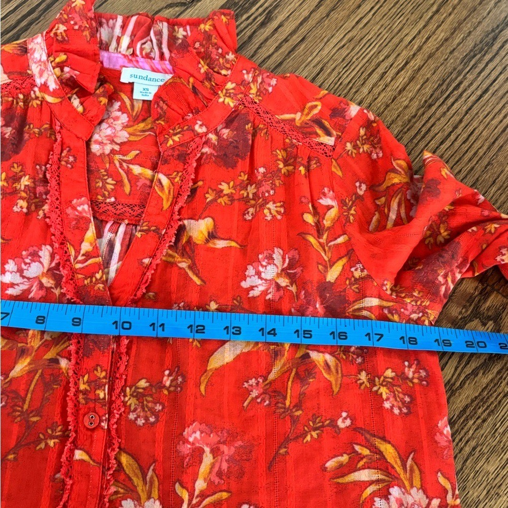 Sundance | High Neck Ruffle Vibrant Floral Contrast Trim Top Long Sleeve Sz XS