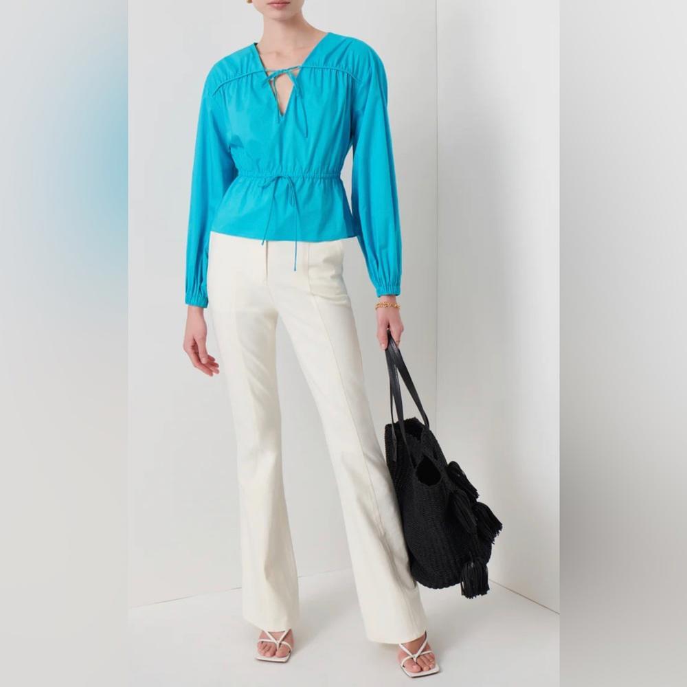 Derek Lam Long Sleeve Gathered Top Stretch Work Office Cotton Blue V Neck Peplum