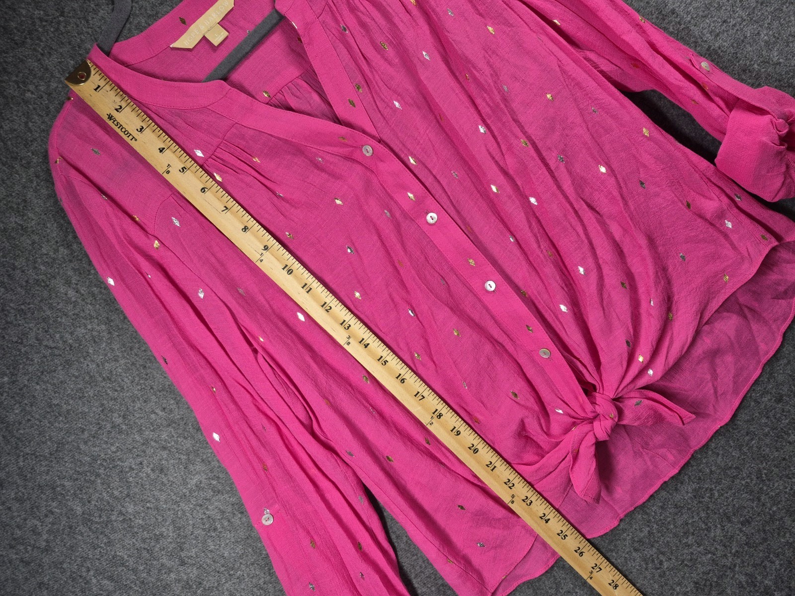 Hope & Harlow Women’s Pink modern unique Button Tie Front roll slv Top L 176-5