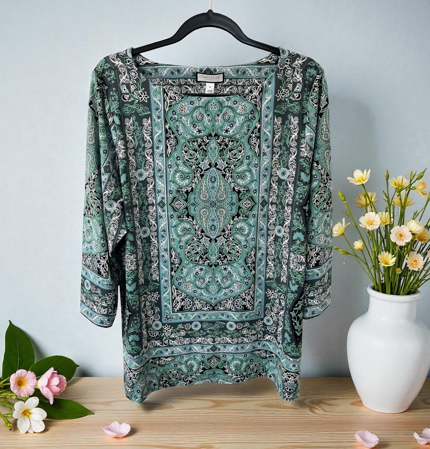 NWT Charter Club Women’s Size 1X Grey Green Deep pine elegant Paisley Tunic Top